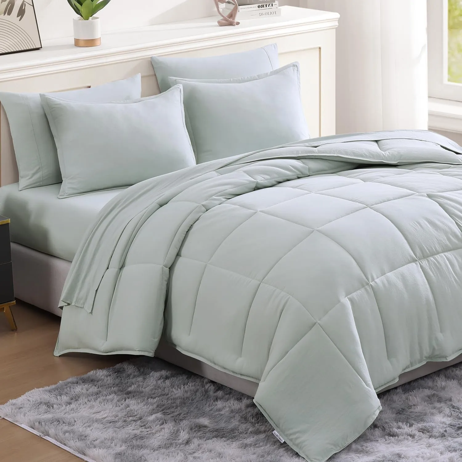 Casa Platino Queen Bed Set with Comforter and Sheets Pre-Washed – 7 Piece Comforter Set Queen – Soft Queen Bedding Set with Comforter, Flat Sheet, Fitted Sheet, 2 Pillowcases & 2 Shams - Mineral
