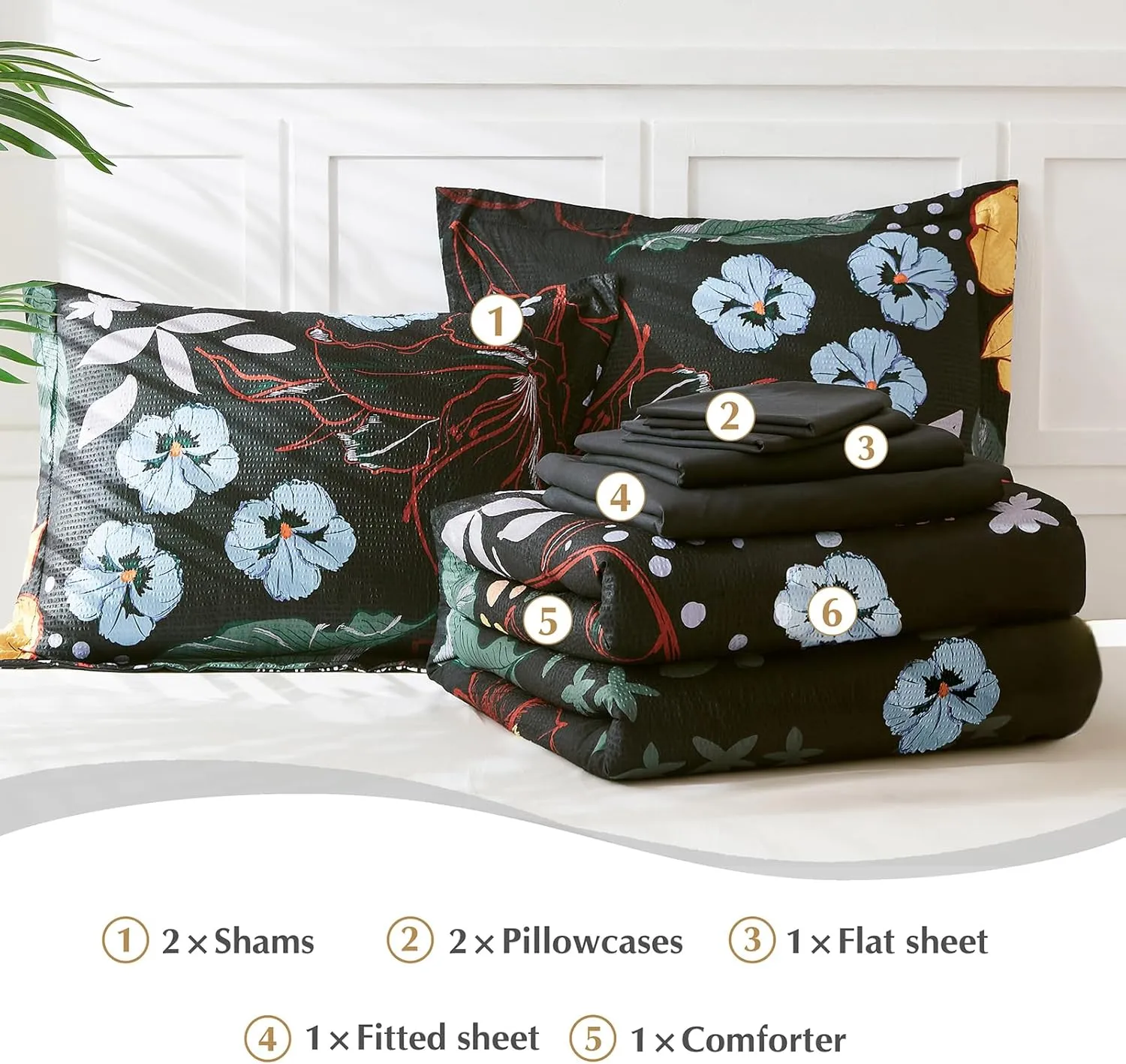 CASAAGUSTO Queen Comforter Set, 7 PCS Black Floral Comforter Set with Flowers Leaves Pattern, Soft Seersucker Design All Season Queen Size Bedding Set (90"X90")