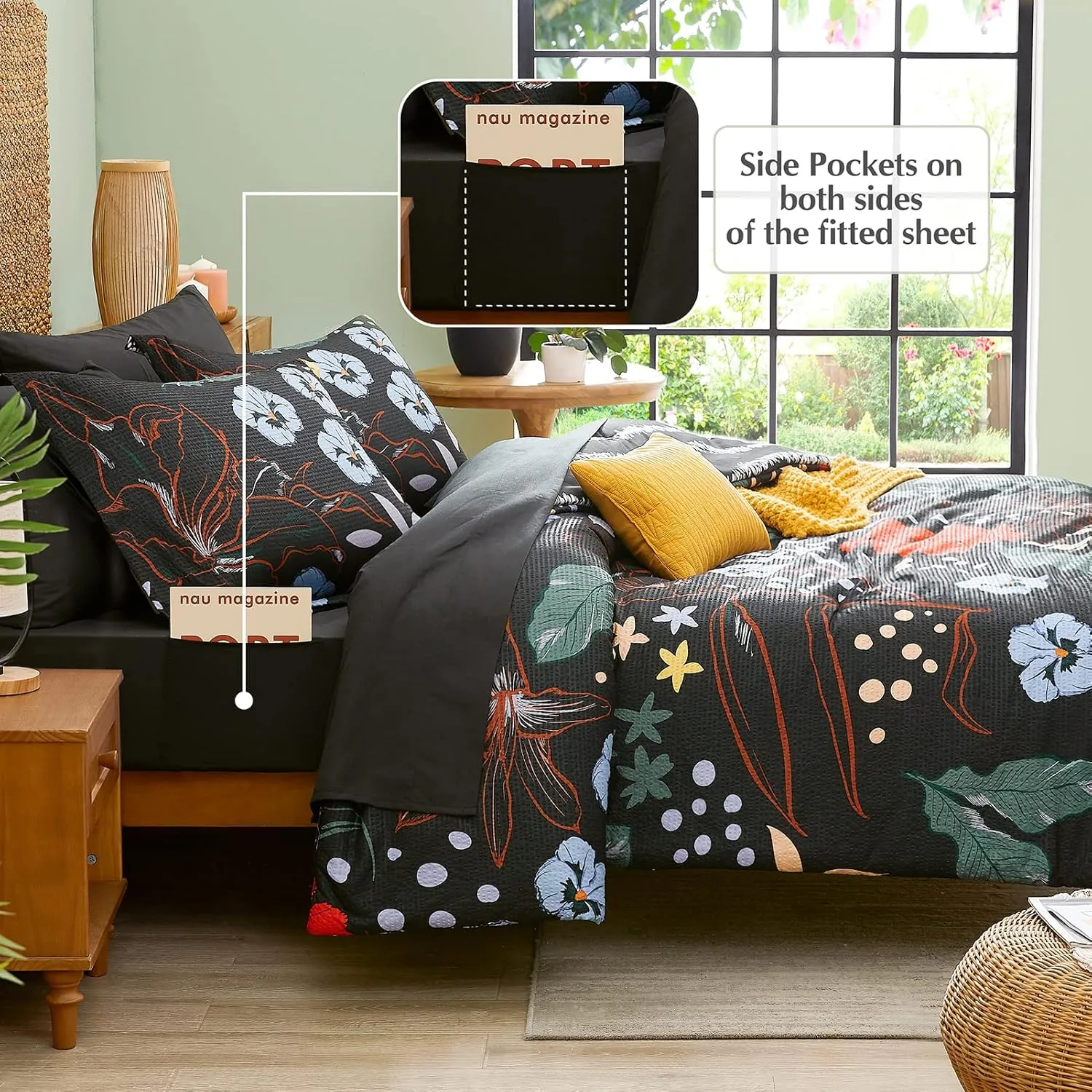 CASAAGUSTO Queen Comforter Set, 7 PCS Black Floral Comforter Set with Flowers Leaves Pattern, Soft Seersucker Design All Season Queen Size Bedding Set (90"X90")