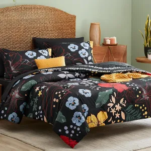 CASAAGUSTO Queen Comforter Set, 7 PCS Black Floral Comforter Set with Flowers Leaves Pattern, Soft Seersucker Design All Season Queen Size Bedding Set (90"X90")