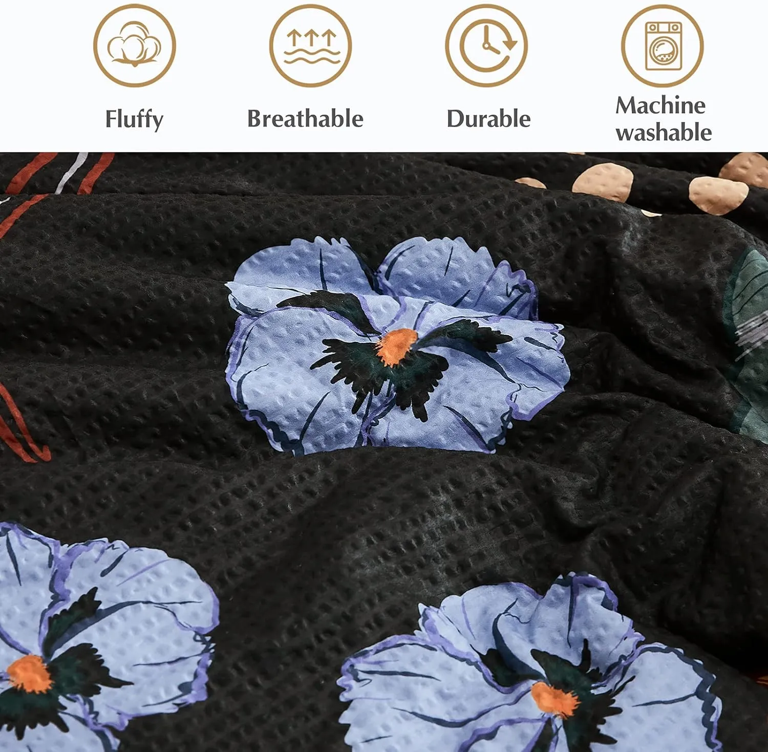 CASAAGUSTO Queen Comforter Set, 7 PCS Black Floral Comforter Set with Flowers Leaves Pattern, Soft Seersucker Design All Season Queen Size Bedding Set (90"X90")