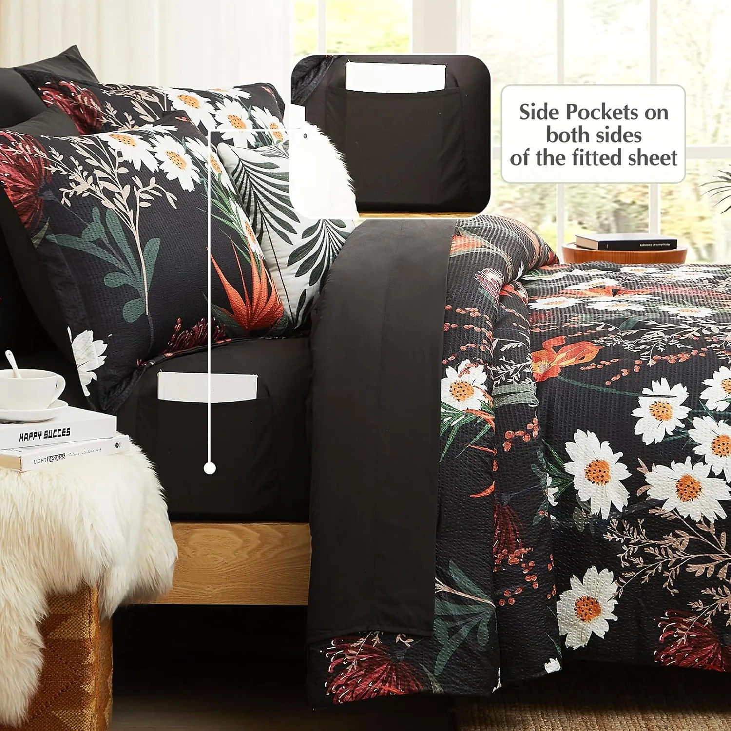 CASAAGUSTO Queen Comforter Set, 7 PCS Black Shore Floral Comforter Set with Flowers Leaves Pattern, Soft Seersucker Design All Season Queen Size Bedding Set (90"X90")