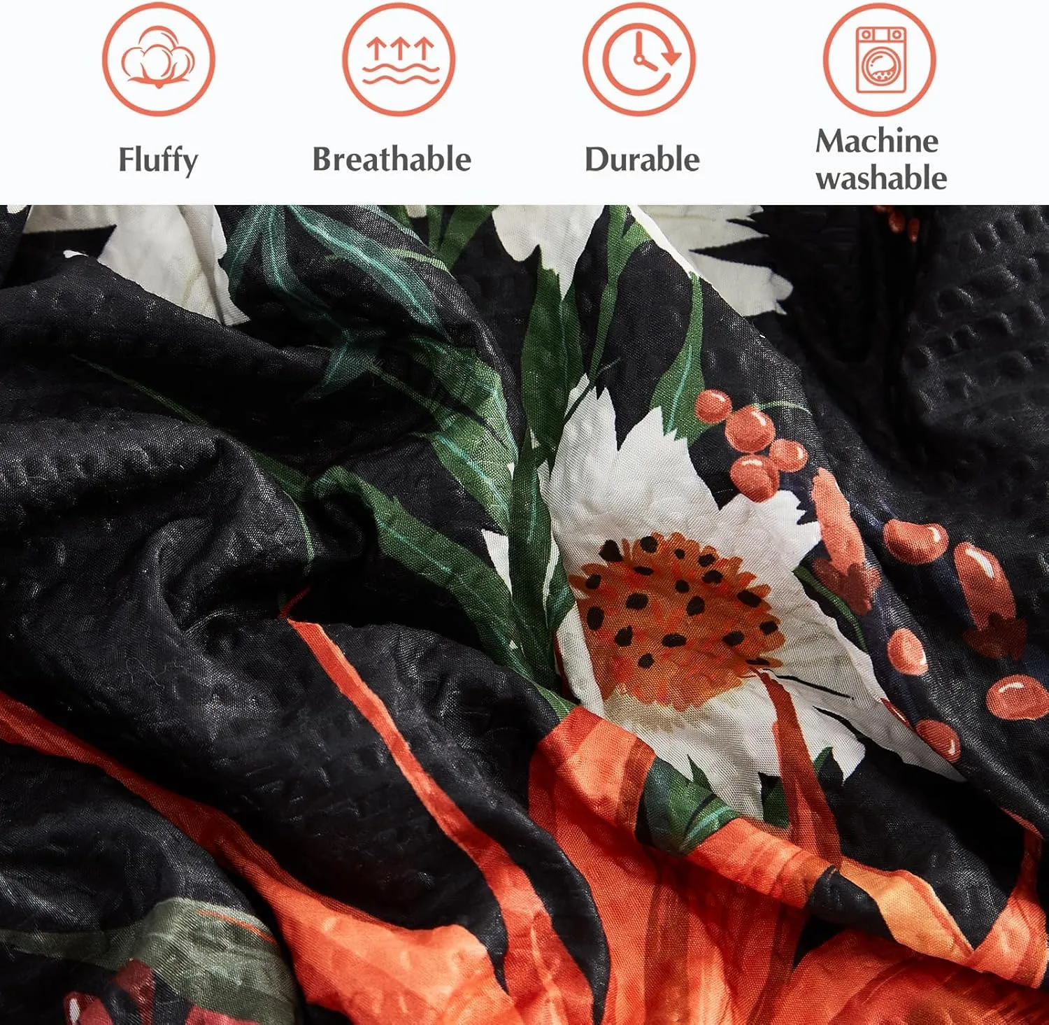 CASAAGUSTO Queen Comforter Set, 7 PCS Black Shore Floral Comforter Set with Flowers Leaves Pattern, Soft Seersucker Design All Season Queen Size Bedding Set (90"X90")