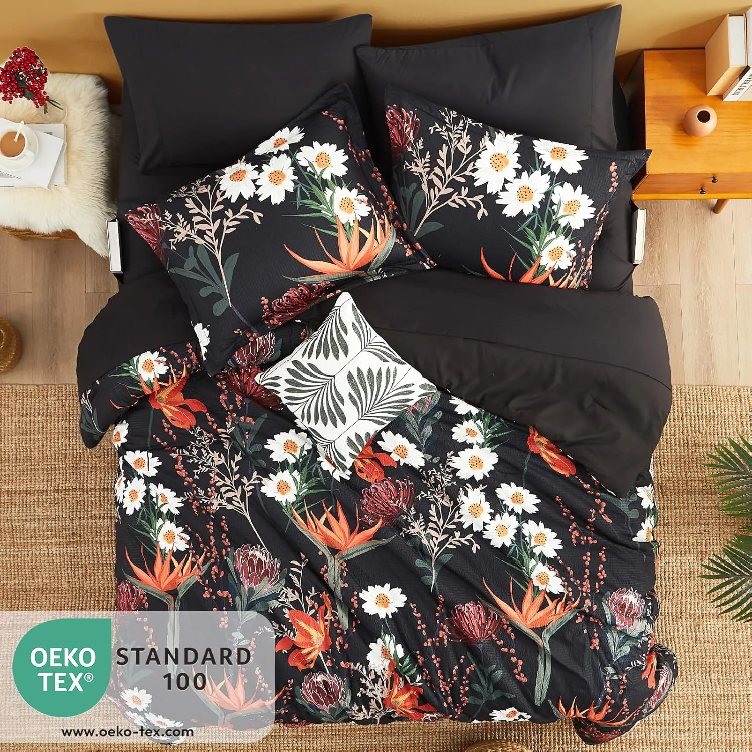 CASAAGUSTO Queen Comforter Set, 7 PCS Black Shore Floral Comforter Set with Flowers Leaves Pattern, Soft Seersucker Design All Season Queen Size Bedding Set (90"X90")
