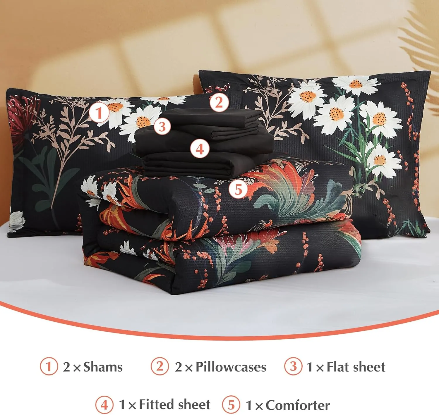 CASAAGUSTO Queen Comforter Set, 7 PCS Black Shore Floral Comforter Set with Flowers Leaves Pattern, Soft Seersucker Design All Season Queen Size Bedding Set (90"X90")