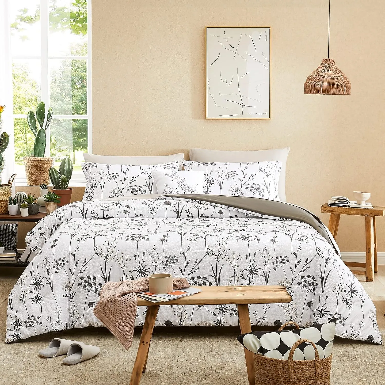 CASAAGUSTO Queen Comforter Set 7 PCS White & Grey Dandelion Plant Comforter Set with Flowers Leaves Pattern Soft Seersucker Design All Season Bedding Set(90"X90")