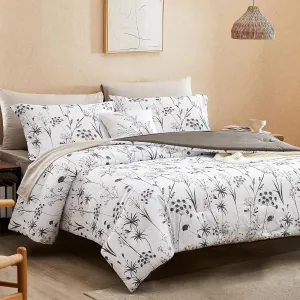 CASAAGUSTO Queen Comforter Set 7 PCS White & Grey Dandelion Plant Comforter Set with Flowers Leaves Pattern Soft Seersucker Design All Season Bedding Set(90"X90")
