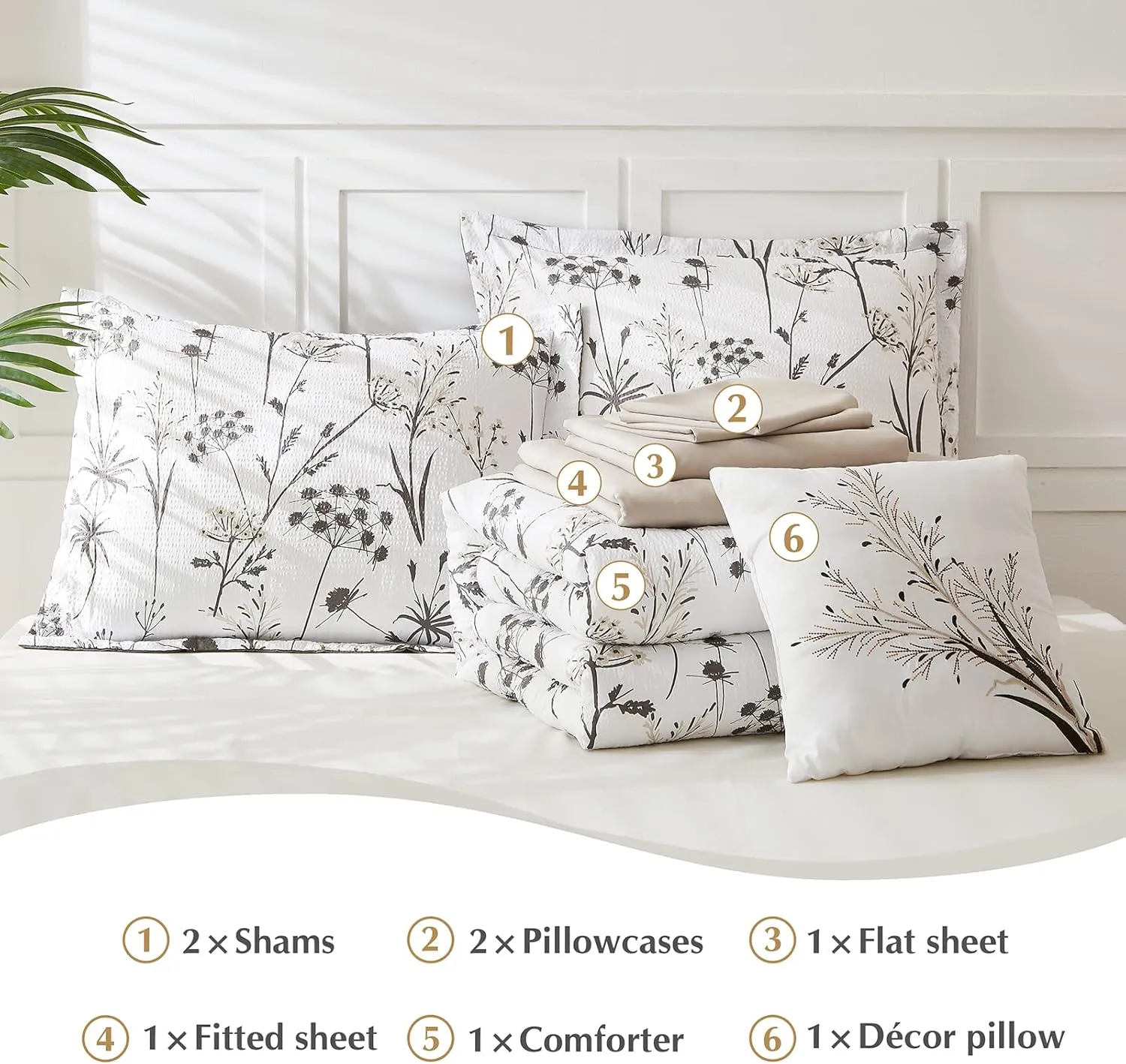CASAAGUSTO Queen Comforter Set 7 PCS White & Grey Dandelion Plant Comforter Set with Flowers Leaves Pattern Soft Seersucker Design All Season Bedding Set(90"X90")