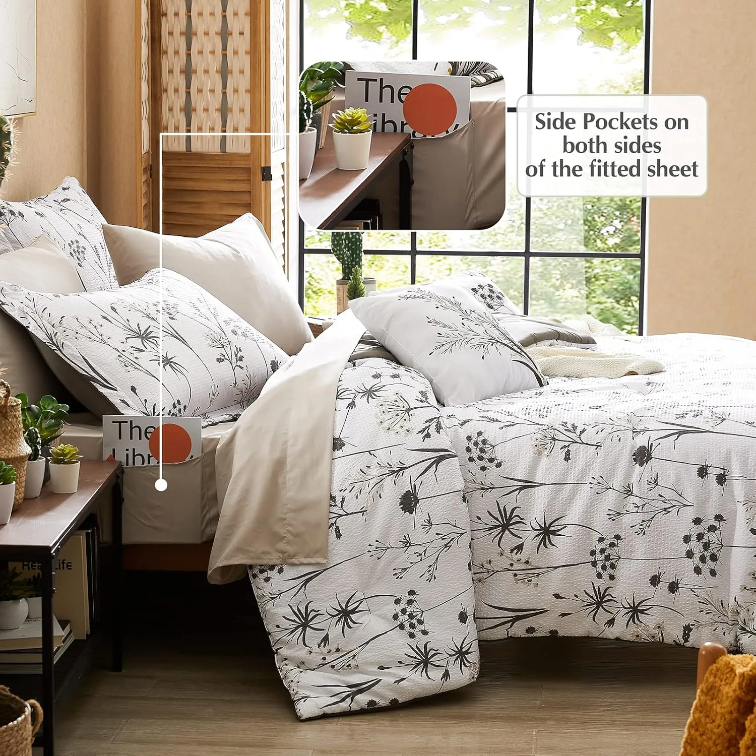 CASAAGUSTO Queen Comforter Set 7 PCS White & Grey Dandelion Plant Comforter Set with Flowers Leaves Pattern Soft Seersucker Design All Season Bedding Set(90"X90")
