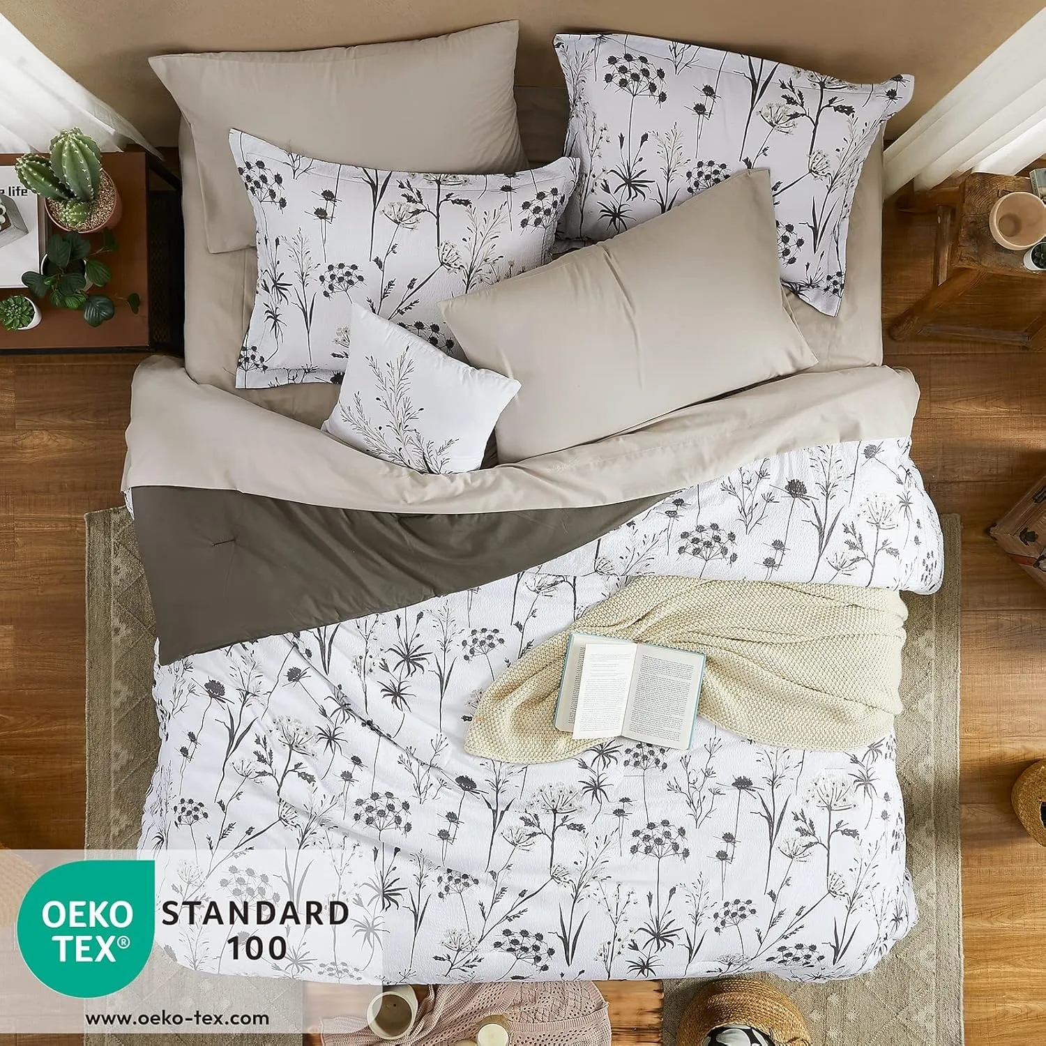 CASAAGUSTO Queen Comforter Set 7 PCS White & Grey Dandelion Plant Comforter Set with Flowers Leaves Pattern Soft Seersucker Design All Season Bedding Set(90"X90")