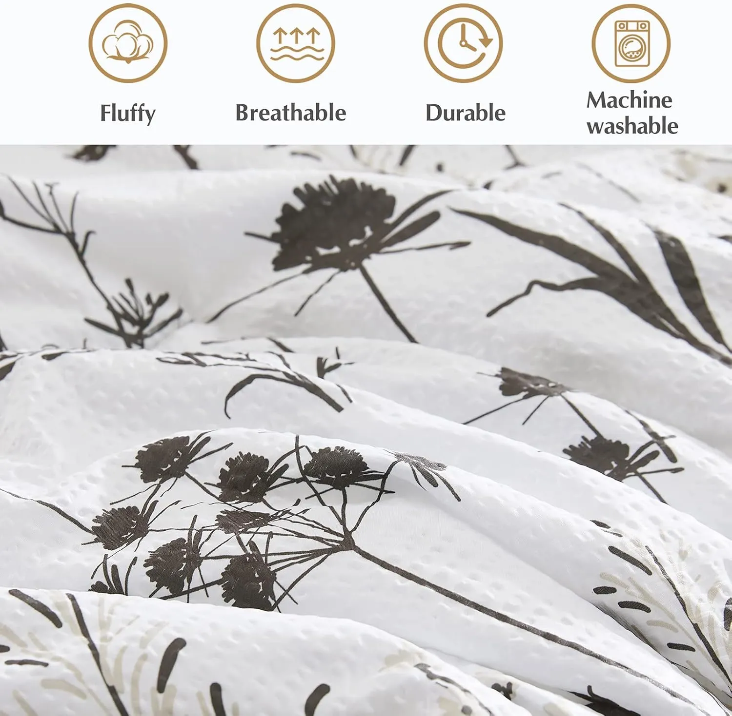 CASAAGUSTO Queen Comforter Set 7 PCS White & Grey Dandelion Plant Comforter Set with Flowers Leaves Pattern Soft Seersucker Design All Season Bedding Set(90"X90")