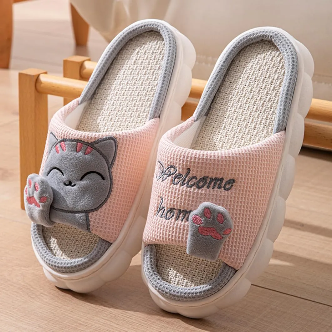Cat and Cat's Paw Slippers for Women Animal Cartoon Linen Cotton Slippers Non-slip Four Seasons Comfy Winter Indoor Outdoor Open Toe Shoes