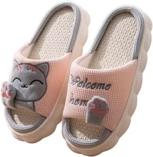 Cat and Cat's Paw Slippers for Women Animal Cartoon Linen Cotton Slippers Non-slip Four Seasons Comfy Winter Indoor Outdoor Open Toe Shoes