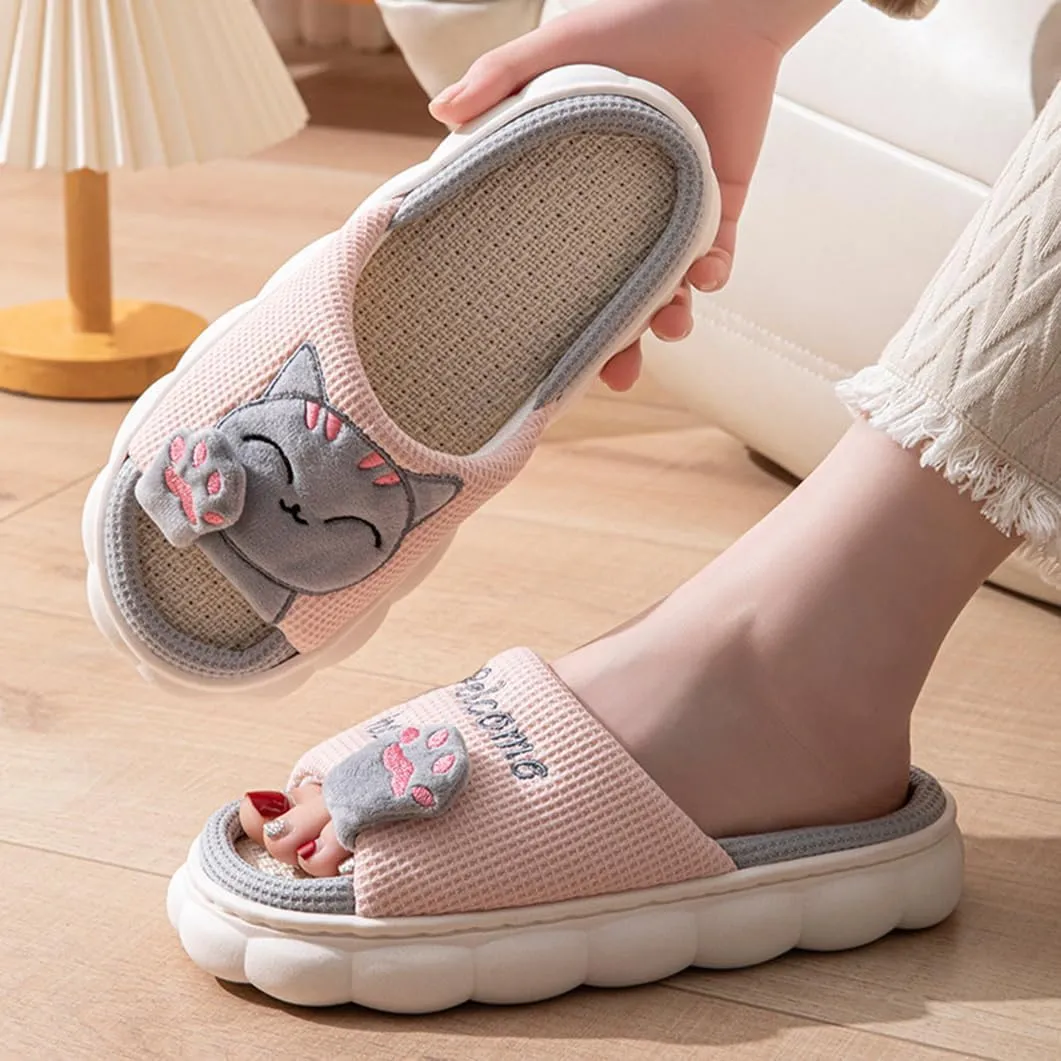 Cat and Cat's Paw Slippers for Women Animal Cartoon Linen Cotton Slippers Non-slip Four Seasons Comfy Winter Indoor Outdoor Open Toe Shoes