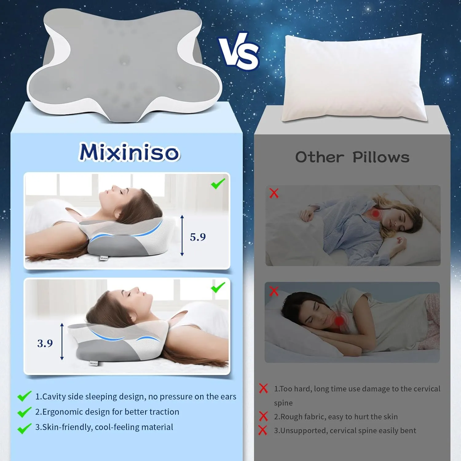 Cervical Neck Pillow, Side Sleeper Pillow for Adults, Neck Pillow for Neck and Shoulder, Orthopedic Contour Memory Foam Pillows for Side Back & Stomach Sleepers with Cooling Pillowcase