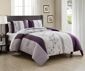 Chezmoi Collection Everly King Bed in a Bag 7-Pieces Luxury Lavender Purple Gray Cherry Blossom Floral Embroidery Comforter Set with Sheets All Season Bedding Set, King