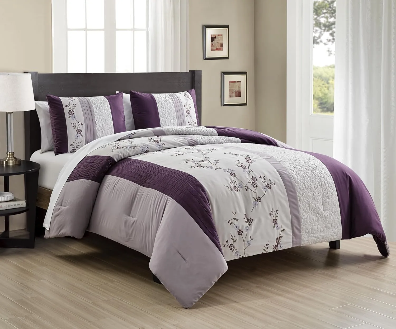 Chezmoi Collection Everly King Bed in a Bag 7-Pieces Luxury Lavender Purple Gray Cherry Blossom Floral Embroidery Comforter Set with Sheets All Season Bedding Set, King