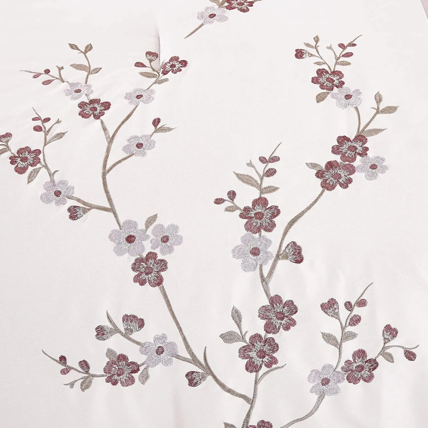 Chezmoi Collection Everly King Bed in a Bag 7-Pieces Luxury Lavender Purple Gray Cherry Blossom Floral Embroidery Comforter Set with Sheets All Season Bedding Set, King
