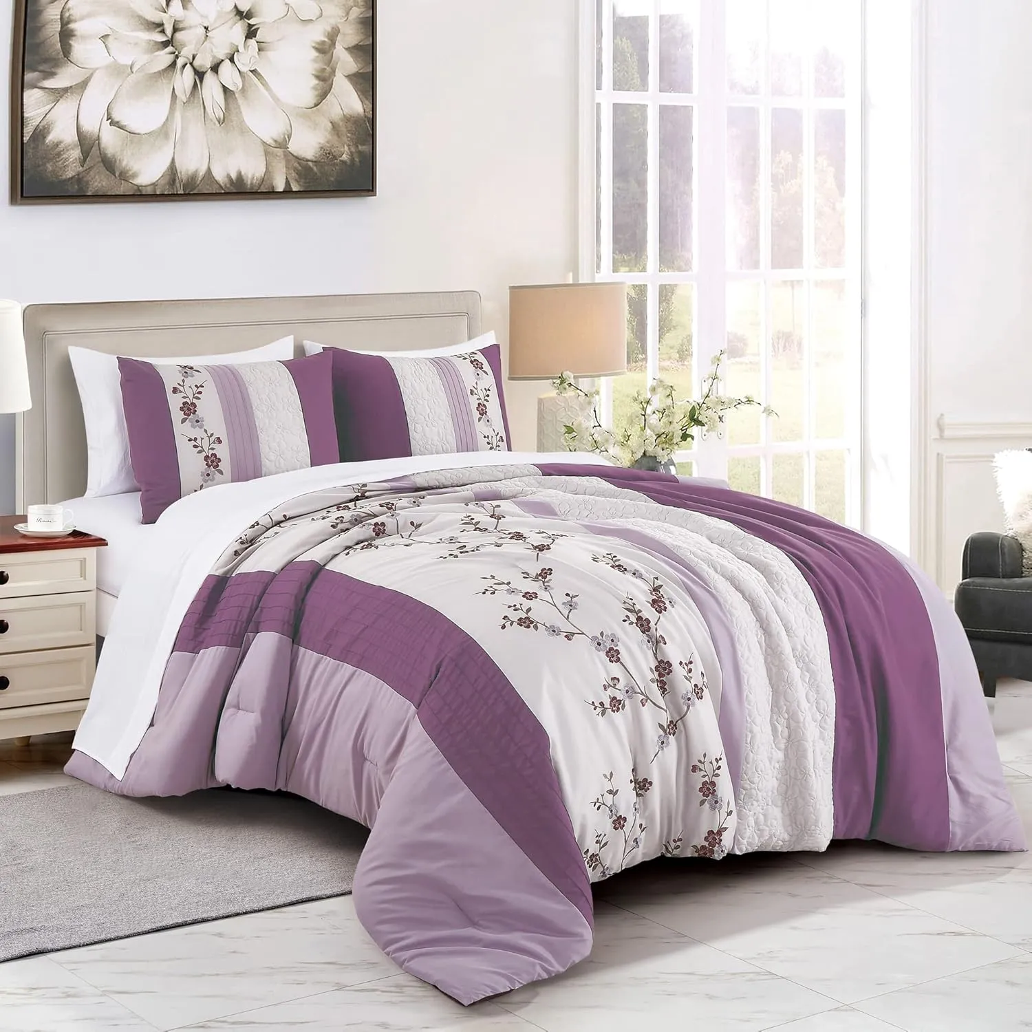 Chezmoi Collection Everly King Bed in a Bag 7-Pieces Luxury Lavender Purple Gray Cherry Blossom Floral Embroidery Comforter Set with Sheets All Season Bedding Set, King