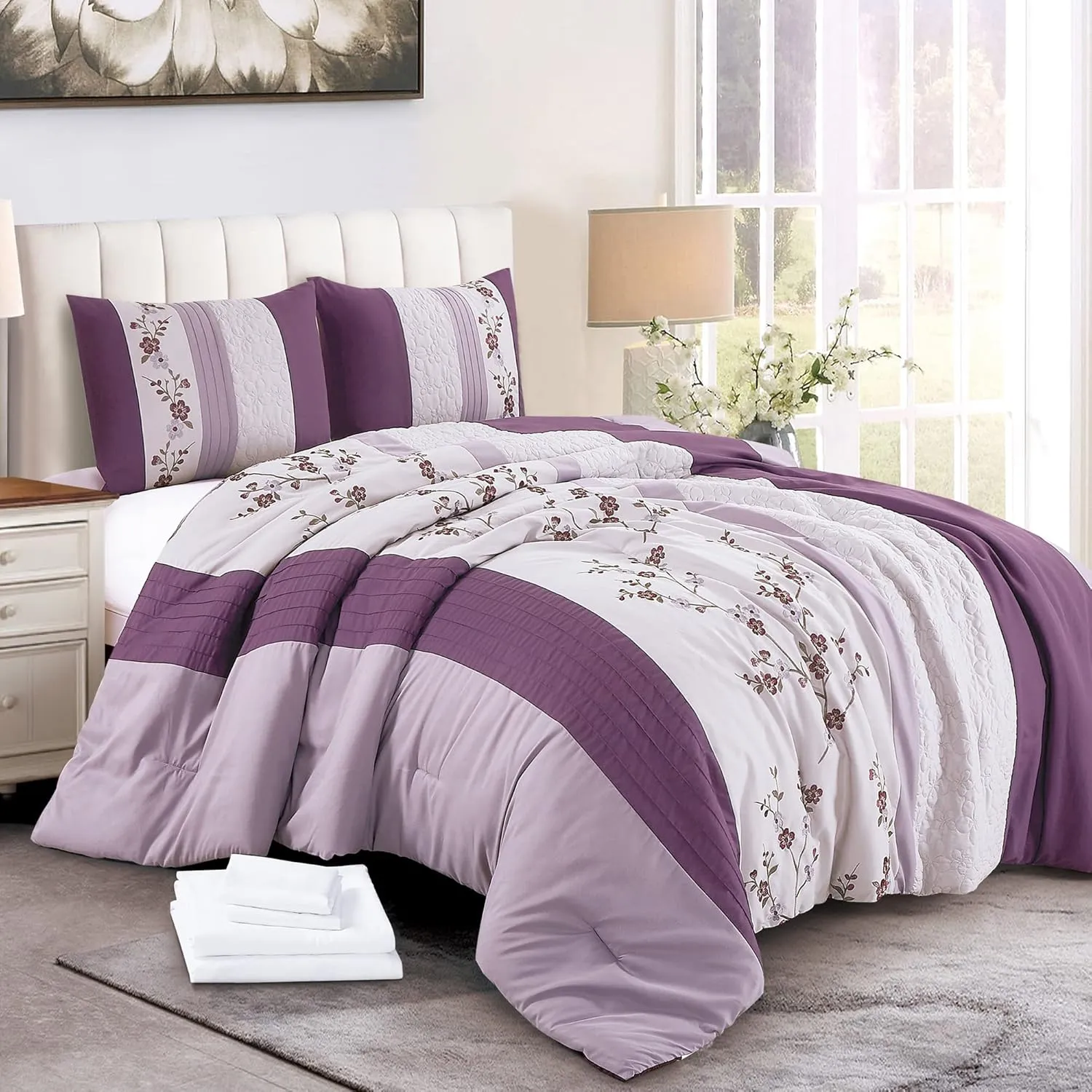 Chezmoi Collection Everly King Bed in a Bag 7-Pieces Luxury Lavender Purple Gray Cherry Blossom Floral Embroidery Comforter Set with Sheets All Season Bedding Set, King