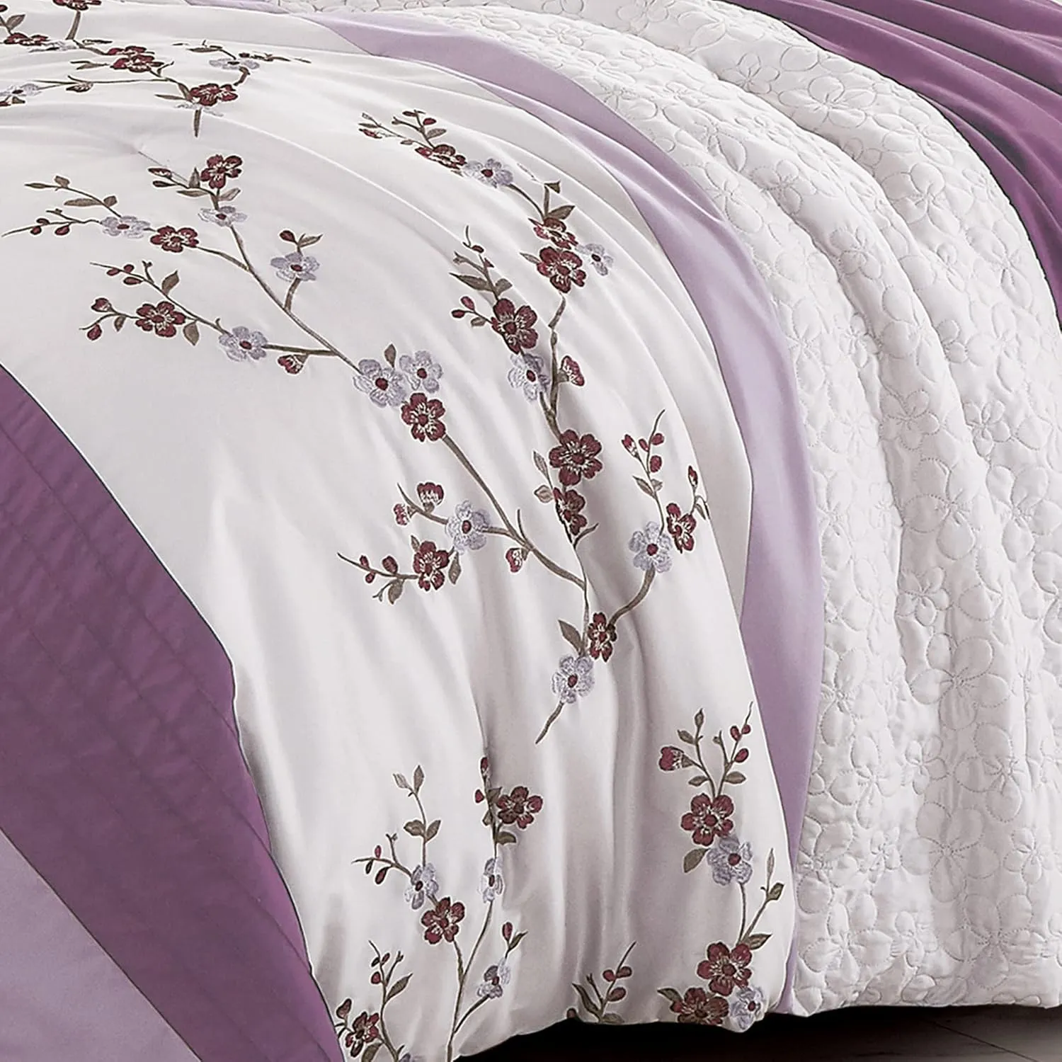 Chezmoi Collection Everly King Bed in a Bag 7-Pieces Luxury Lavender Purple Gray Cherry Blossom Floral Embroidery Comforter Set with Sheets All Season Bedding Set, King