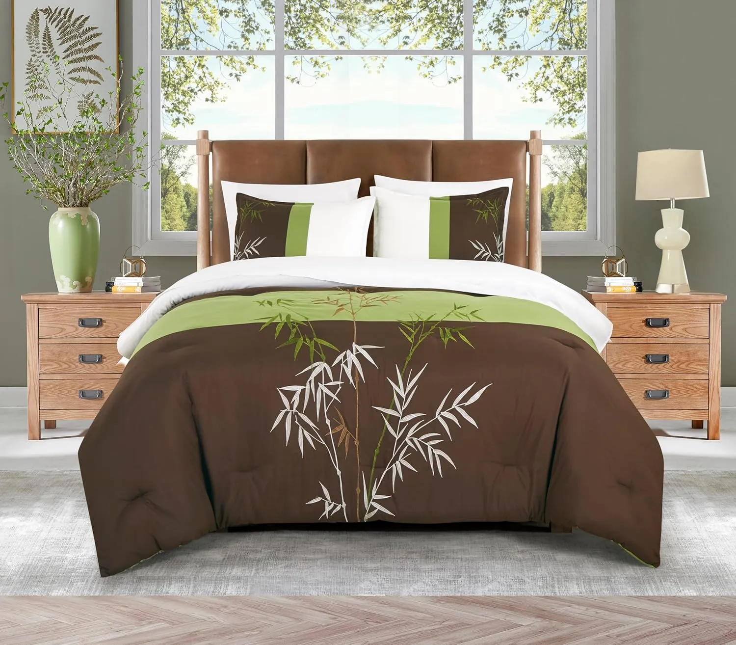 Chezmoi Collection Simon 7-Piece Bamboo Embroidered Bed in a Bag Comforter Set King Size - Sage Green Brown Ivory Bamboo Grass Microfiber Comforter Bedding with Sheet Set