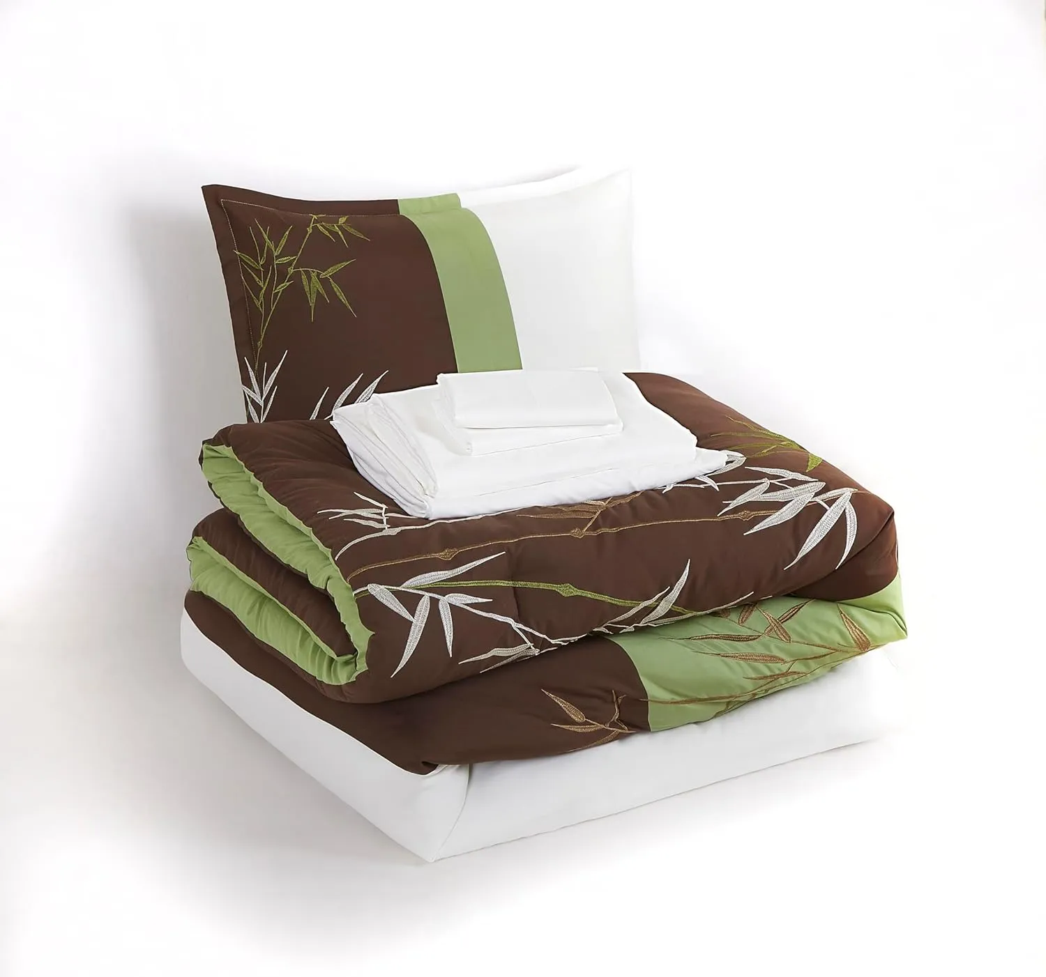 Chezmoi Collection Simon 7-Piece Bamboo Embroidered Bed in a Bag Comforter Set King Size - Sage Green Brown Ivory Bamboo Grass Microfiber Comforter Bedding with Sheet Set