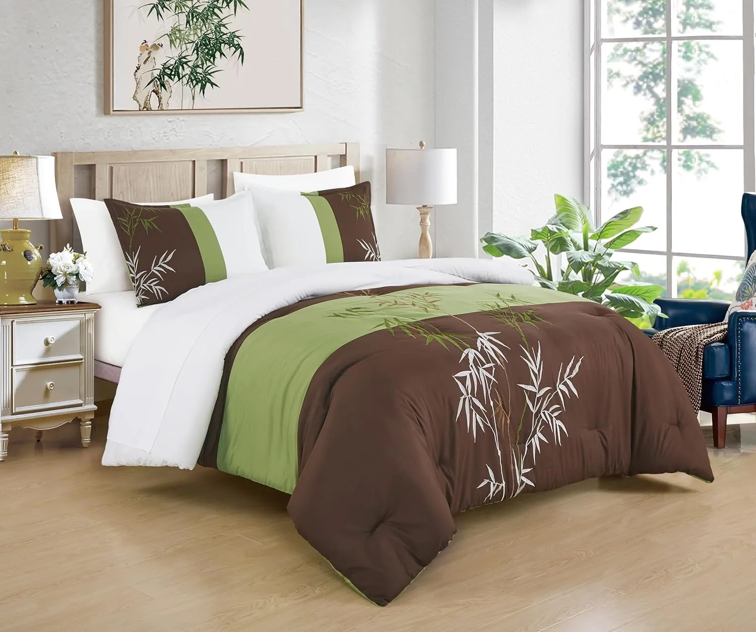 Chezmoi Collection Simon 7-Piece Bamboo Embroidered Bed in a Bag Comforter Set King Size - Sage Green Brown Ivory Bamboo Grass Microfiber Comforter Bedding with Sheet Set