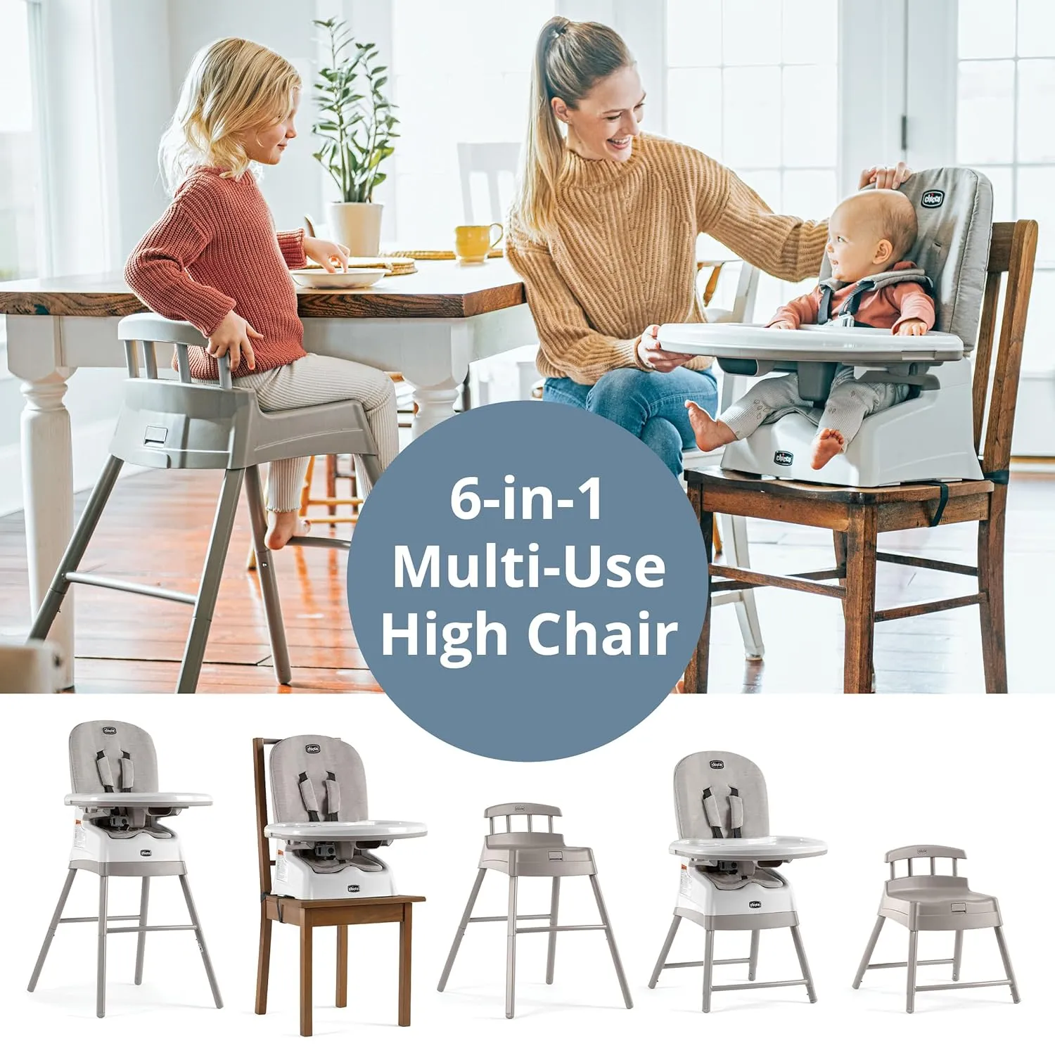 Chicco Stack® Hi-Lo 6-in-1 Multi-Use Convertible High Chair, Reclining High Chair for Babies and Toddlers Easy-Clean Baby Booster Toddler Seat Combo | Tide/Blue/Green