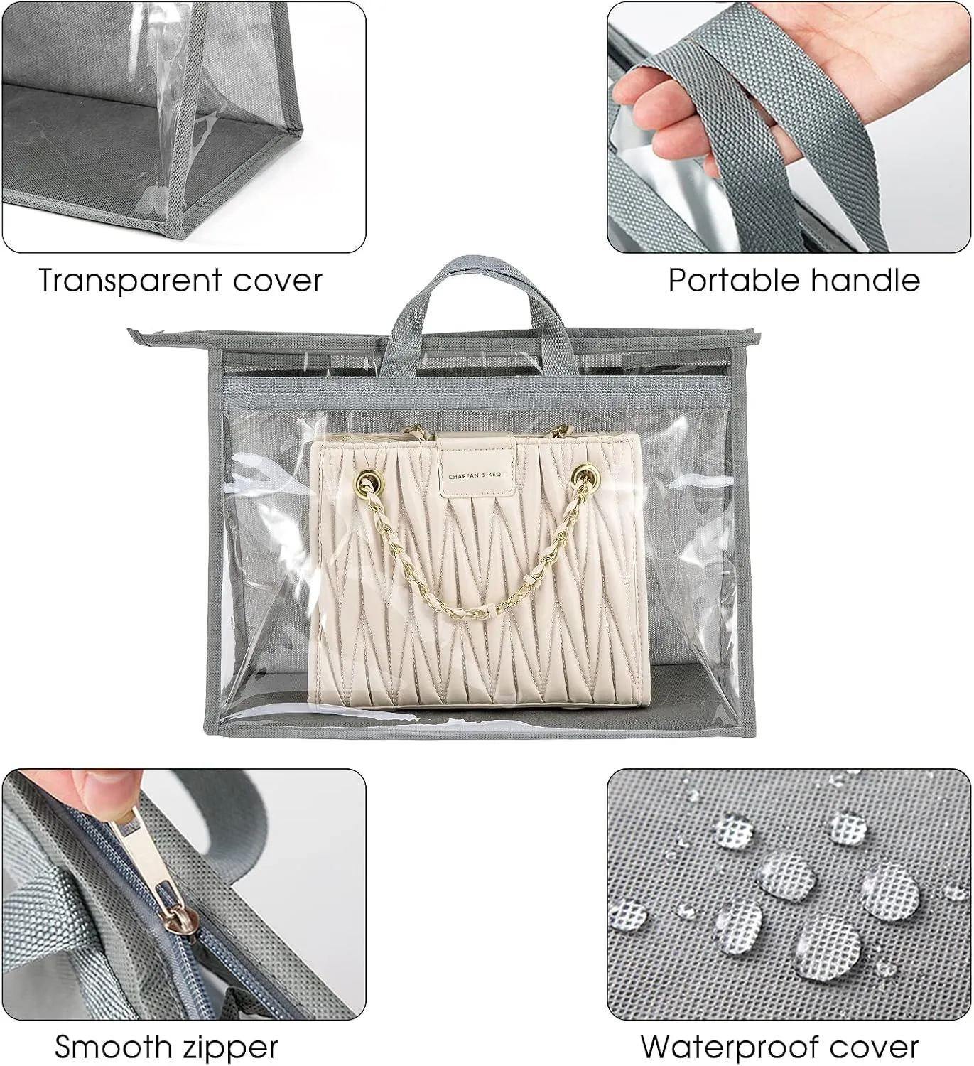 CINPIUK 10 Set Handbag Storage Organizer Dust Bags for Purses Handbags Closet, Clear Purse Protector Storage Bag Dust Cover for Bags, Closet Organizer for Handbags with Hooks, Grey