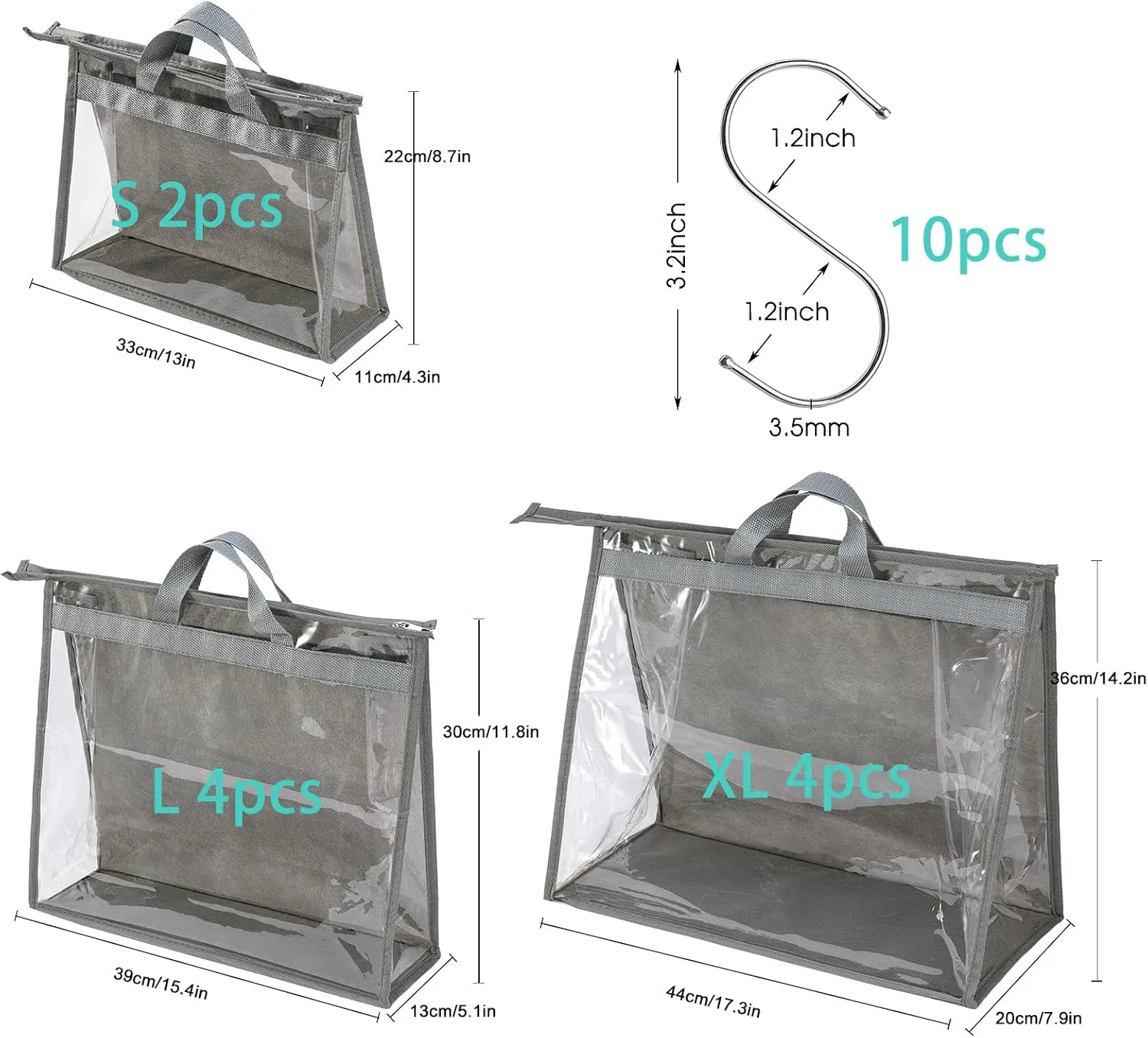 CINPIUK 10 Set Handbag Storage Organizer Dust Bags for Purses Handbags Closet, Clear Purse Protector Storage Bag Dust Cover for Bags, Closet Organizer for Handbags with Hooks, Grey
