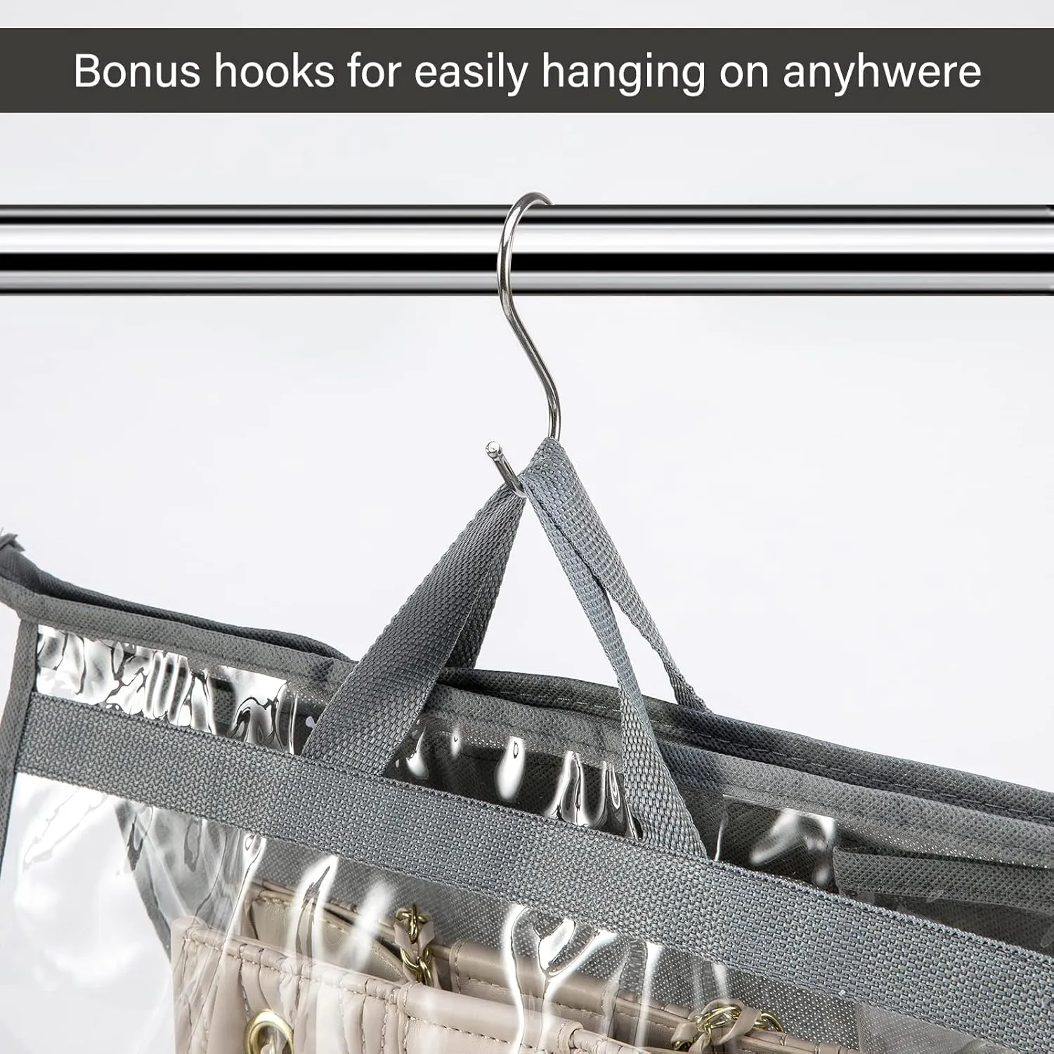 CINPIUK 10 Set Handbag Storage Organizer Dust Bags for Purses Handbags Closet, Clear Purse Protector Storage Bag Dust Cover for Bags, Closet Organizer for Handbags with Hooks, Grey