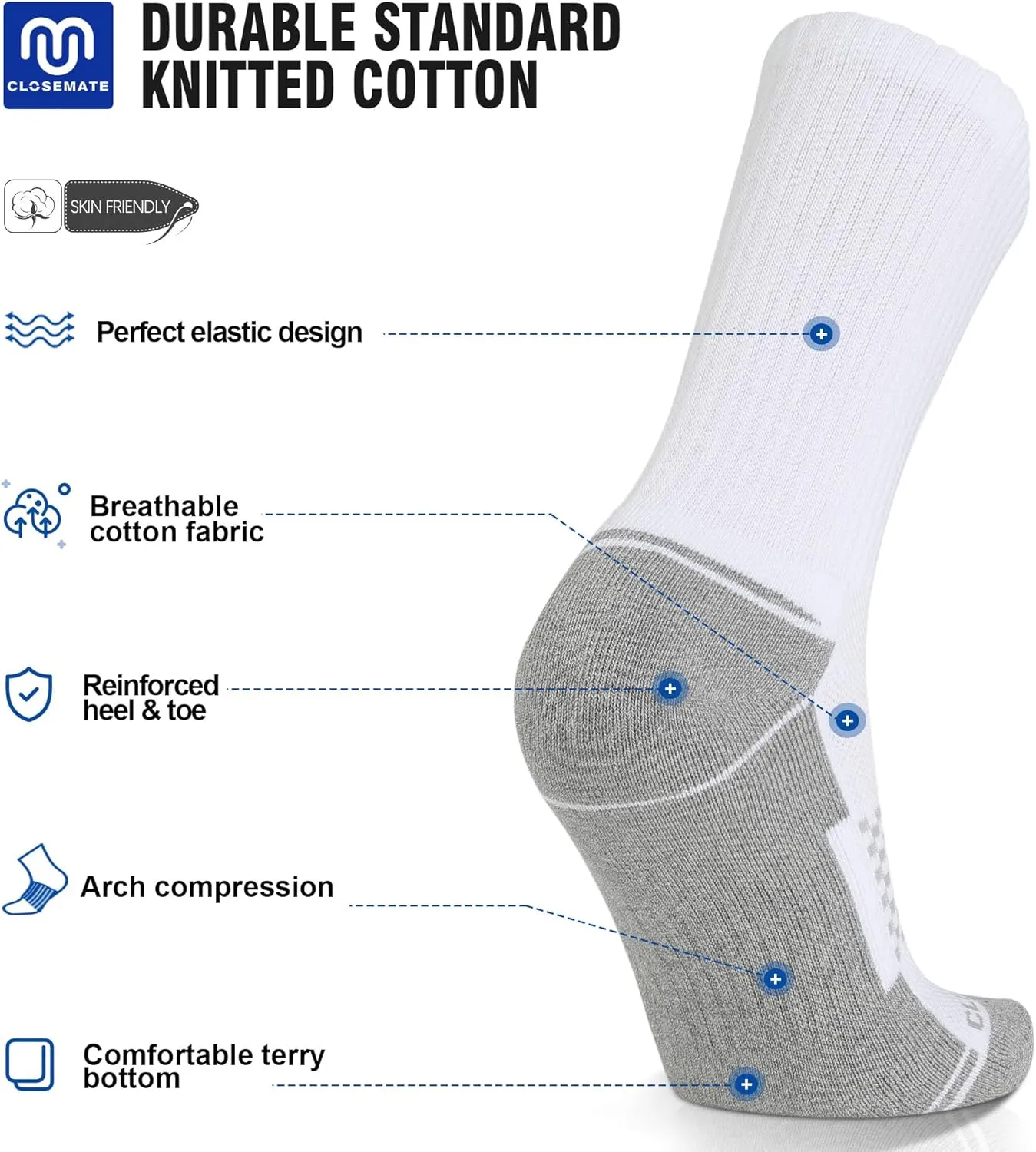 CLOSEMATE Mens Athletic Cushioned Crew Socks 6 Pairs Cotton Comfy and Moisture-Wicking for Running Training Sports