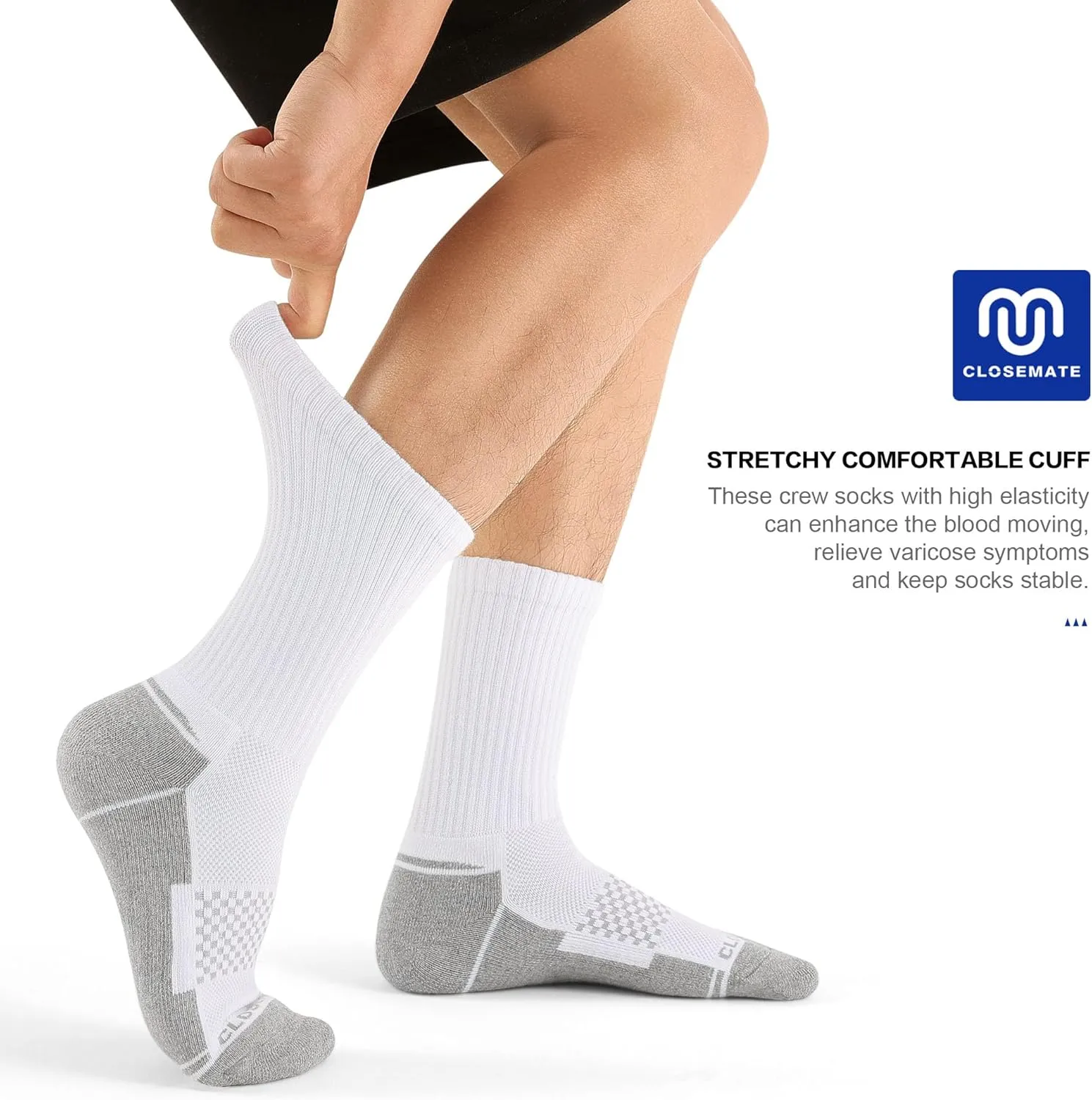 CLOSEMATE Mens Athletic Cushioned Crew Socks 6 Pairs Cotton Comfy and Moisture-Wicking for Running Training Sports