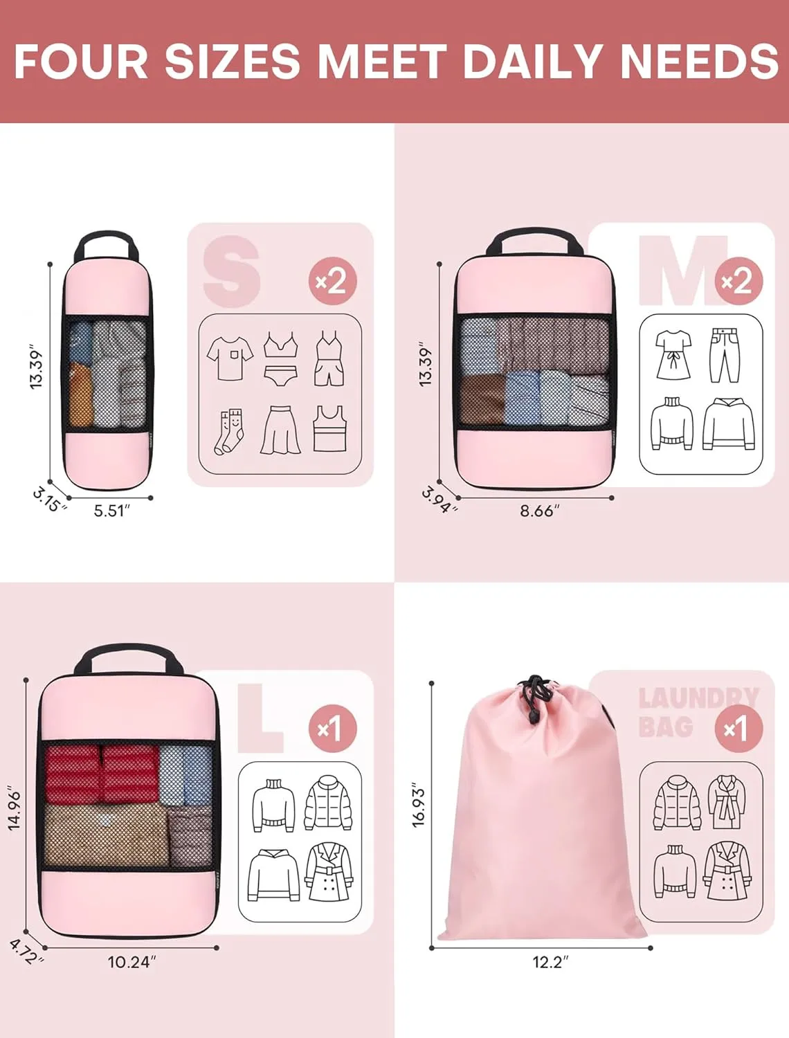 Compression Packing Cubes 4-Set Space Saver with Vacuum-Free Compression Expandable Luggage Organizer for Carry-On