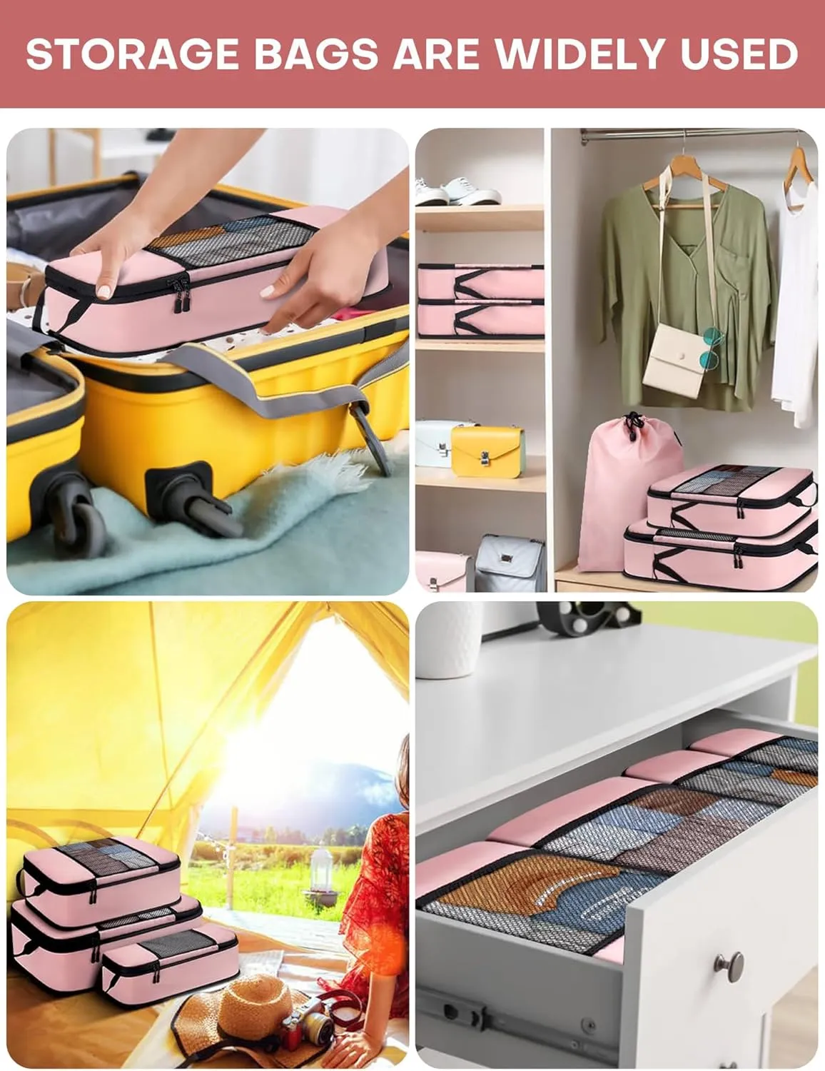 Compression Packing Cubes 4-Set Space Saver with Vacuum-Free Compression Expandable Luggage Organizer for Carry-On
