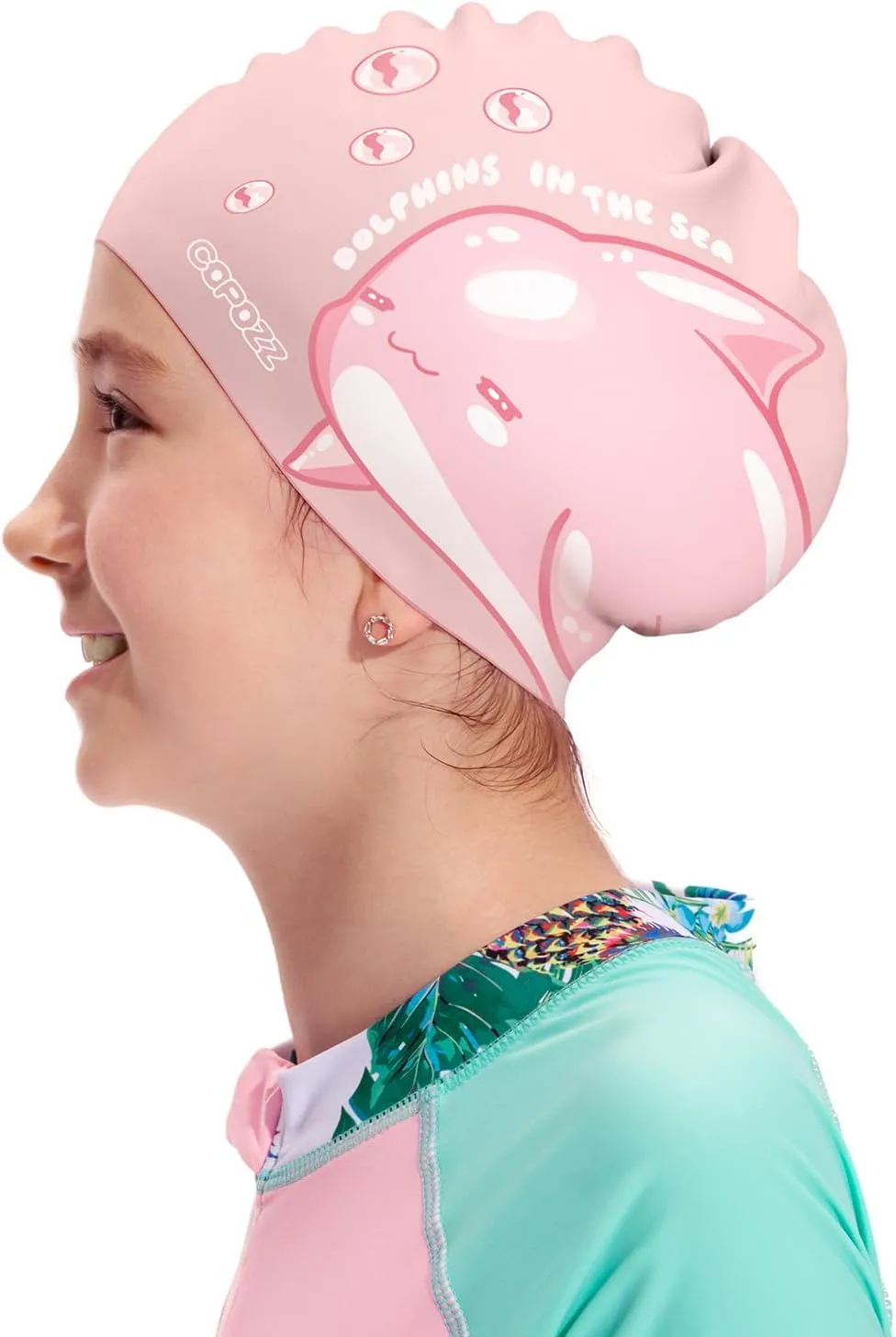 COPOZZ Kids Swim Caps, Silicone Comfy Bathing Cap Swimming Hat for Long and Short Hair