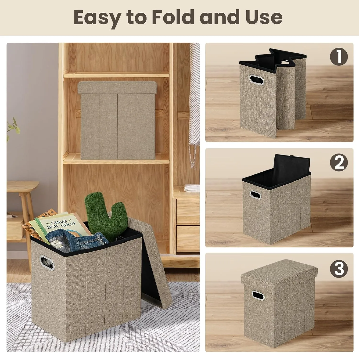 COSYLAND Ottoman with Storage Collapsible Fabric Ottoman Footrest Foot Stool for Room Small Slim Tall Folding Furniture with Handles Lid 16.5x16.5x10.6in Camel Brown
