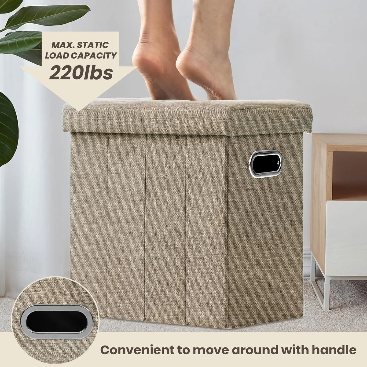 COSYLAND Ottoman with Storage Collapsible Fabric Ottoman Footrest Foot Stool for Room Small Slim Tall Folding Furniture with Handles Lid 16.5x16.5x10.6in Camel Brown