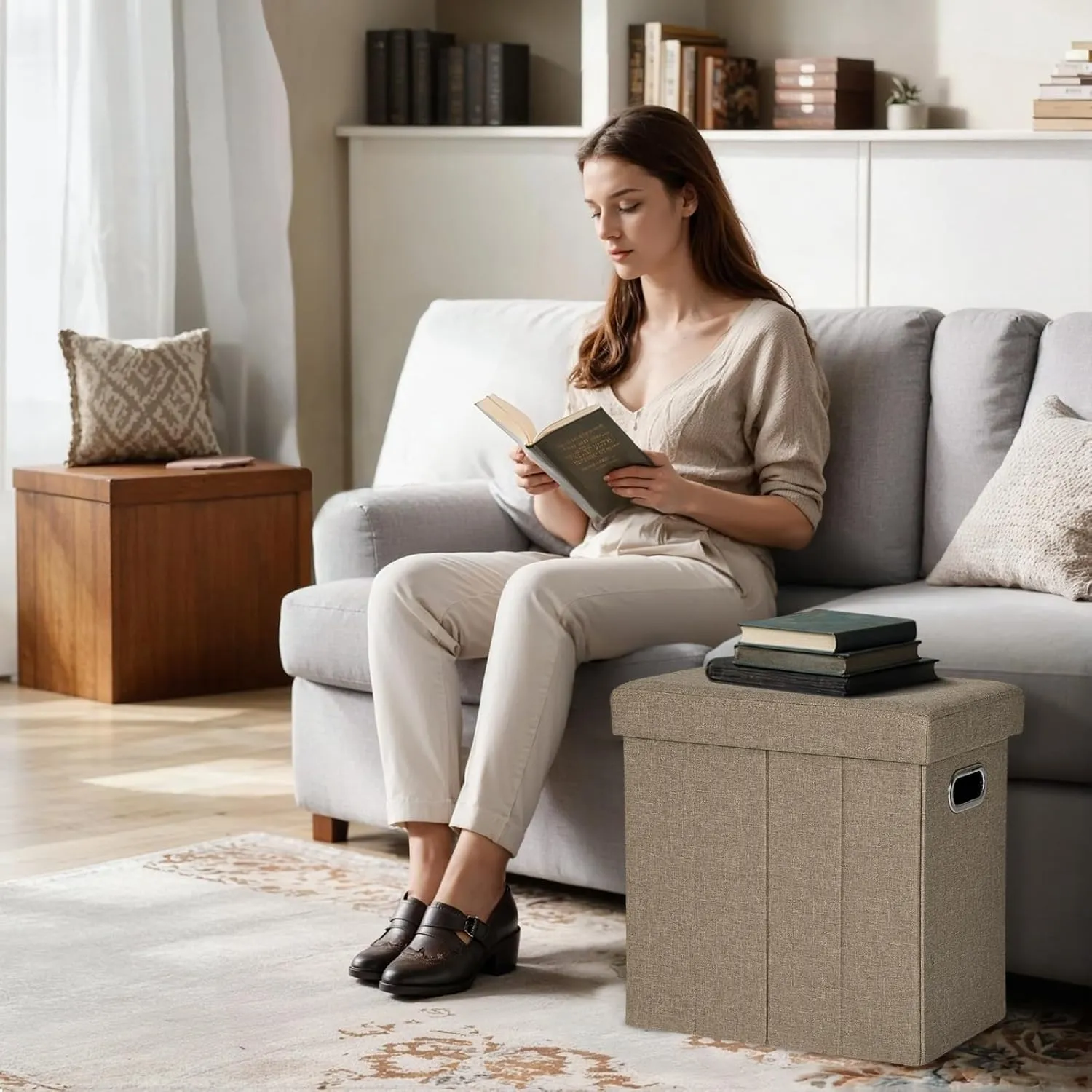 COSYLAND Ottoman with Storage Collapsible Fabric Ottoman Footrest Foot Stool for Room Small Slim Tall Folding Furniture with Handles Lid 16.5x16.5x10.6in Camel Brown