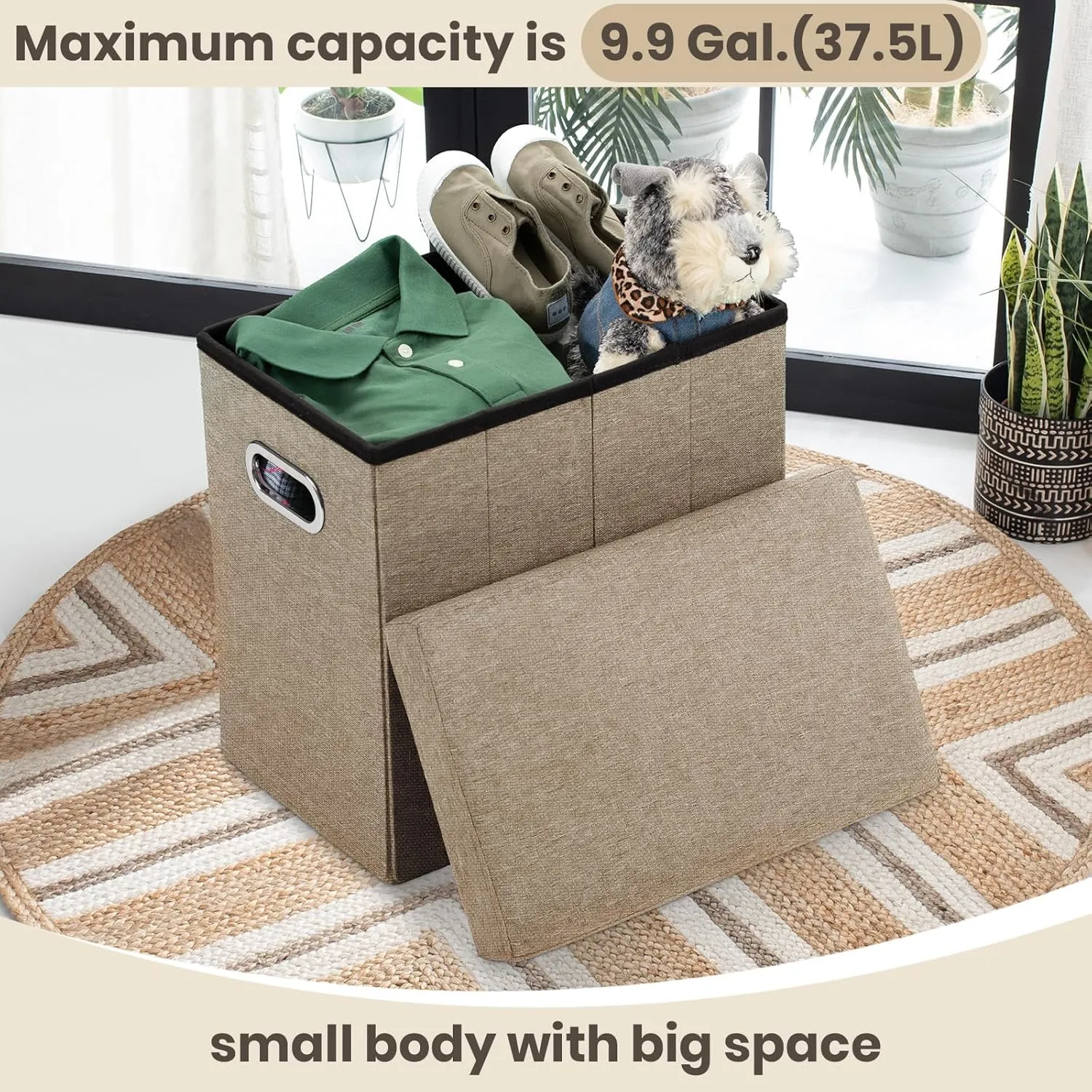 COSYLAND Ottoman with Storage Collapsible Fabric Ottoman Footrest Foot Stool for Room Small Slim Tall Folding Furniture with Handles Lid 16.5x16.5x10.6in Camel Brown