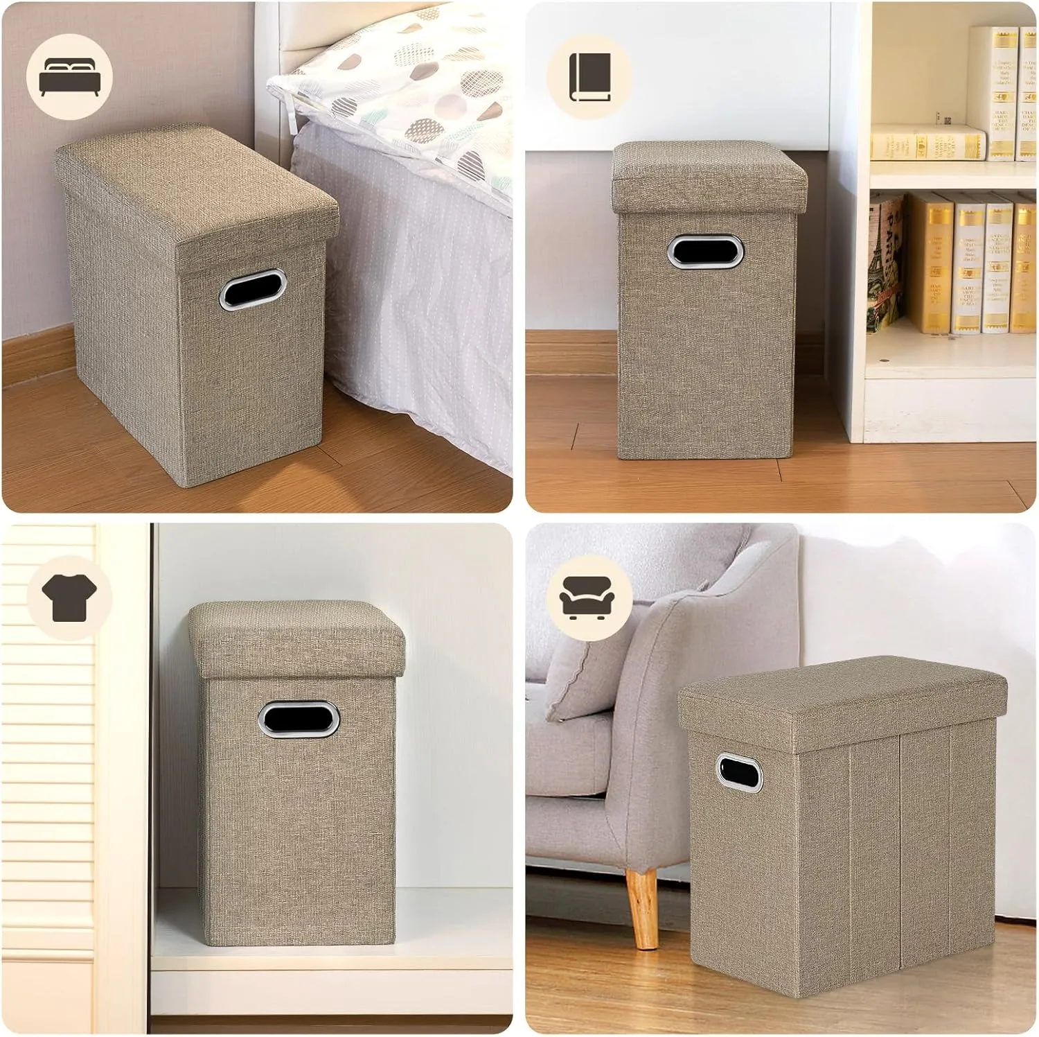 COSYLAND Ottoman with Storage Collapsible Fabric Ottoman Footrest Foot Stool for Room Small Slim Tall Folding Furniture with Handles Lid 16.5x16.5x10.6in Camel Brown