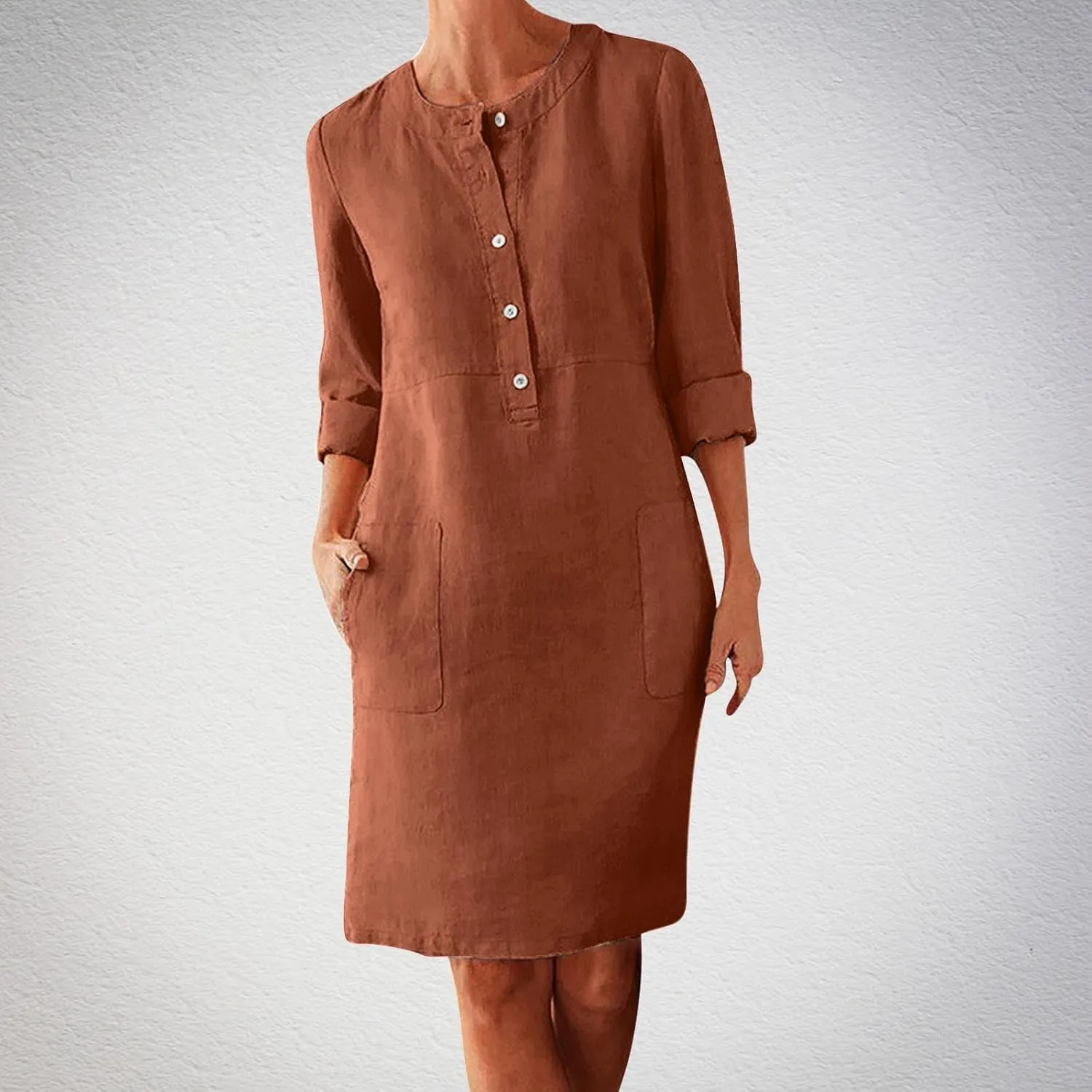 Cotton Linen Dress for Women Loose Round Neck Long Sleeve Vacation Dresses Button Down Work Dress with Pockets