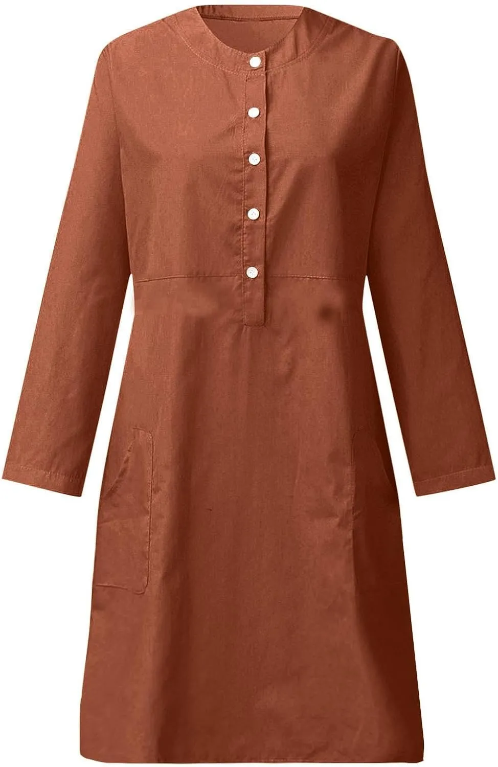 Cotton Linen Dress for Women Loose Round Neck Long Sleeve Vacation Dresses Button Down Work Dress with Pockets