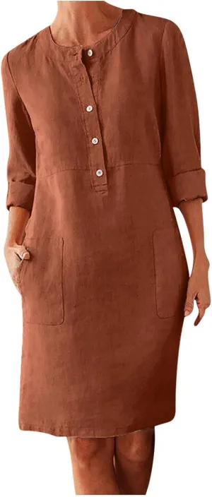Cotton Linen Dress for Women Loose Round Neck Long Sleeve Vacation Dresses Button Down Work Dress with Pockets