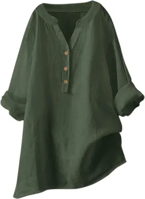 Cotton Linen Shirts for Women Summer 3/4 Sleeve Tops Casual V Neck Basic Tee Plus Size Henley Blouses Trendy Outfits
