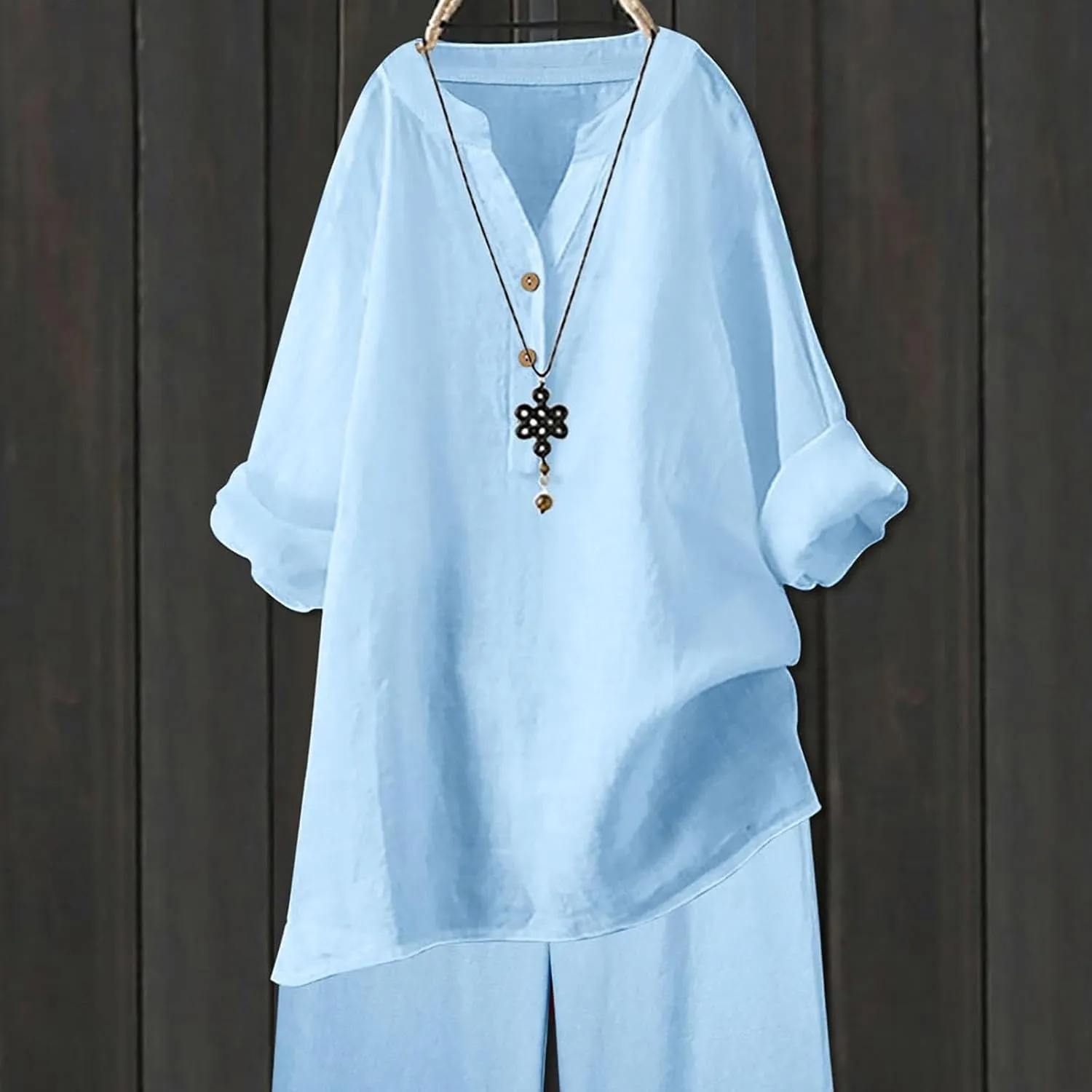 Cotton Linen Shirts for Women Summer 3/4 Sleeve Tops Casual V Neck Basic Tee Plus Size Henley Blouses Trendy Outfits