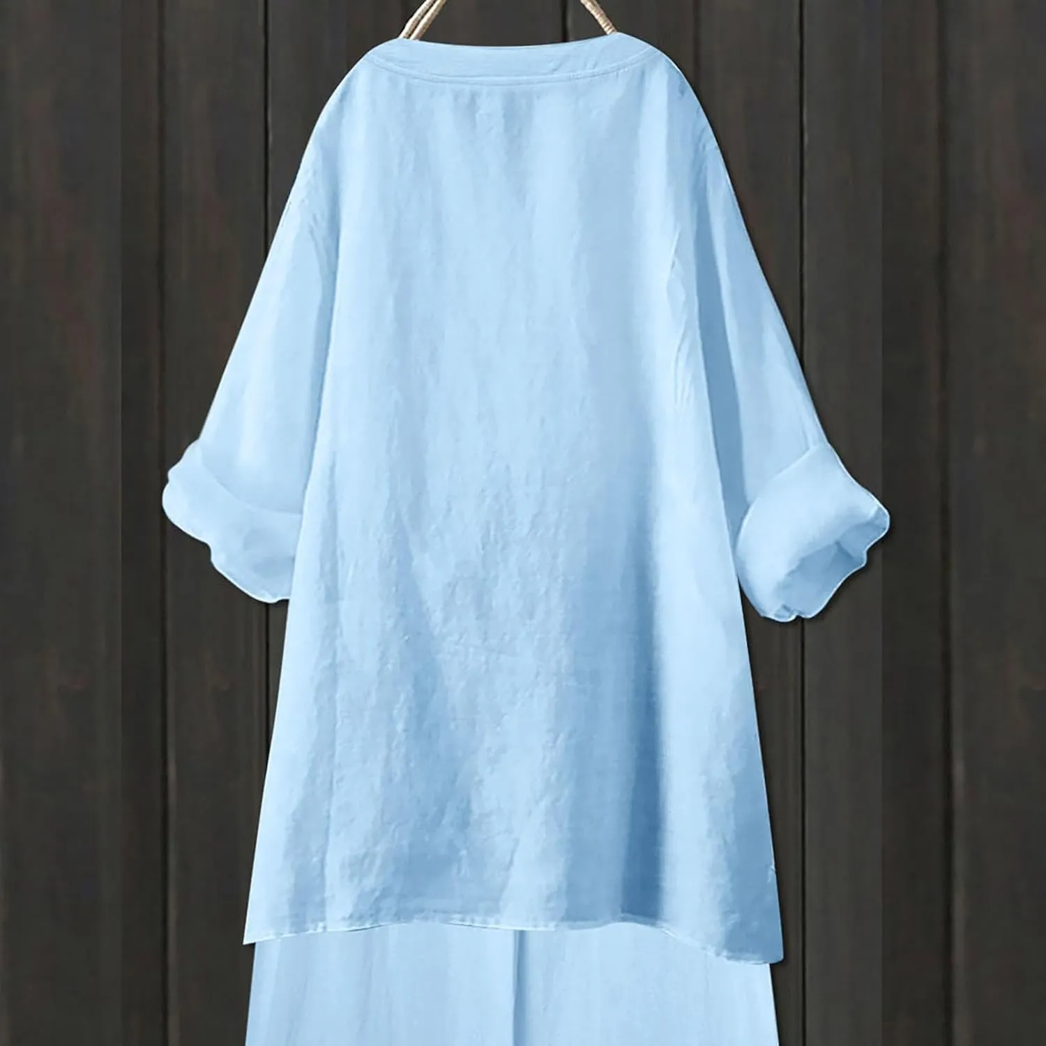 Cotton Linen Shirts for Women Summer 3/4 Sleeve Tops Casual V Neck Basic Tee Plus Size Henley Blouses Trendy Outfits