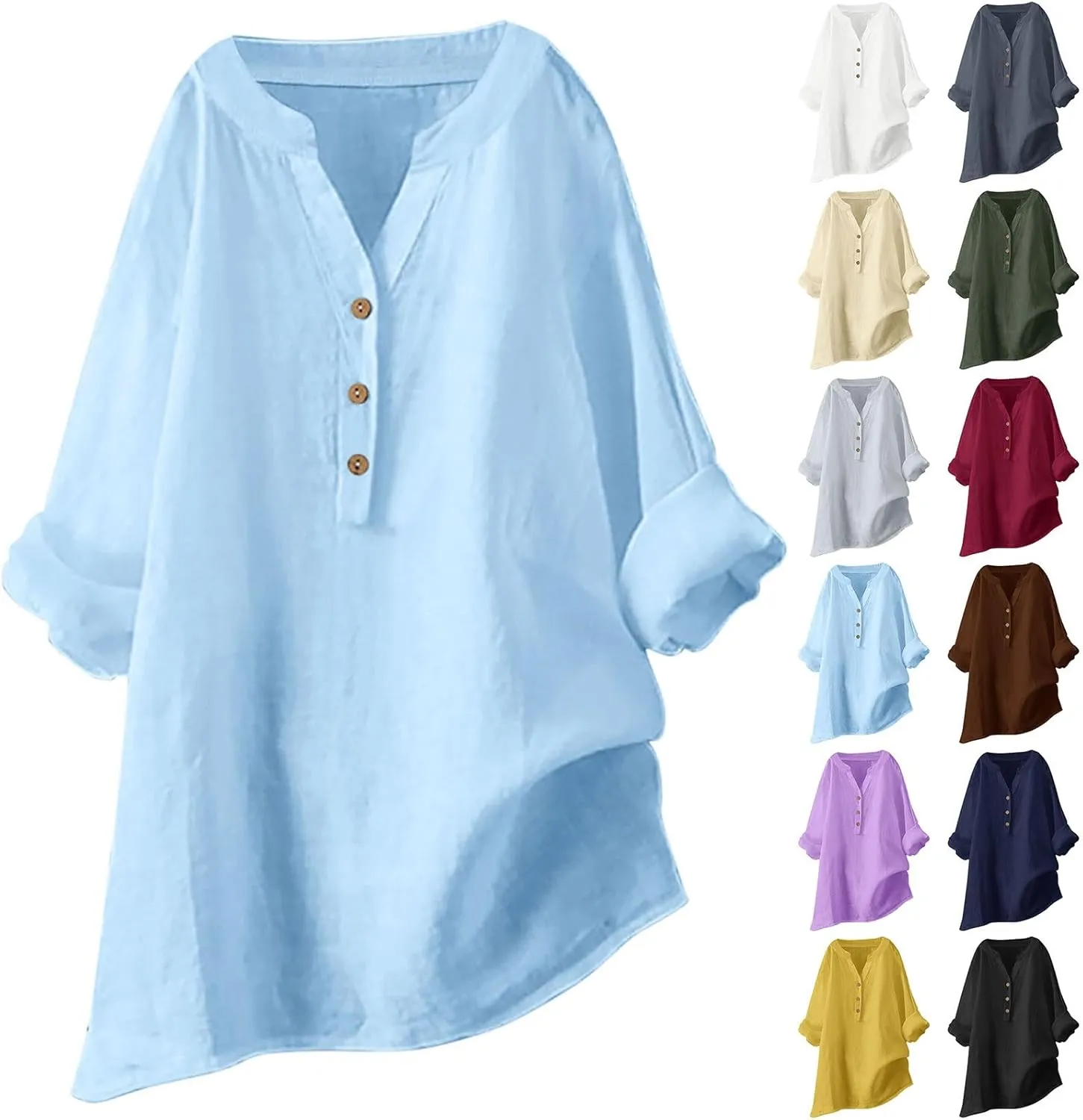 Cotton Linen Shirts for Women Summer 3/4 Sleeve Tops Casual V Neck Basic Tee Plus Size Henley Blouses Trendy Outfits