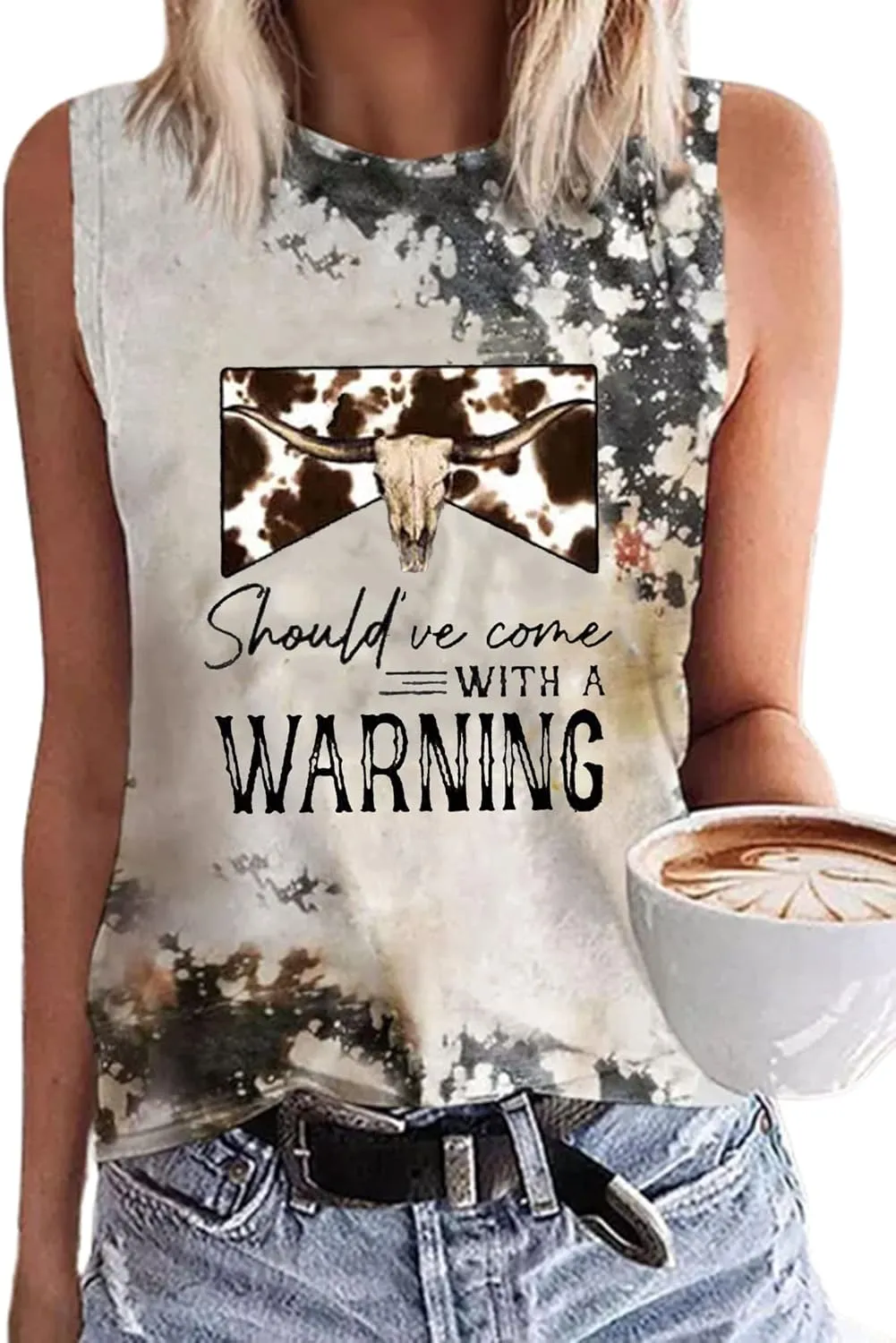 Cowboy Steer Skull Leopard Bleached Tank Tops for Women Western Cowgirl Tops Vintage Western Vest Rodeo Cowboy Shirts